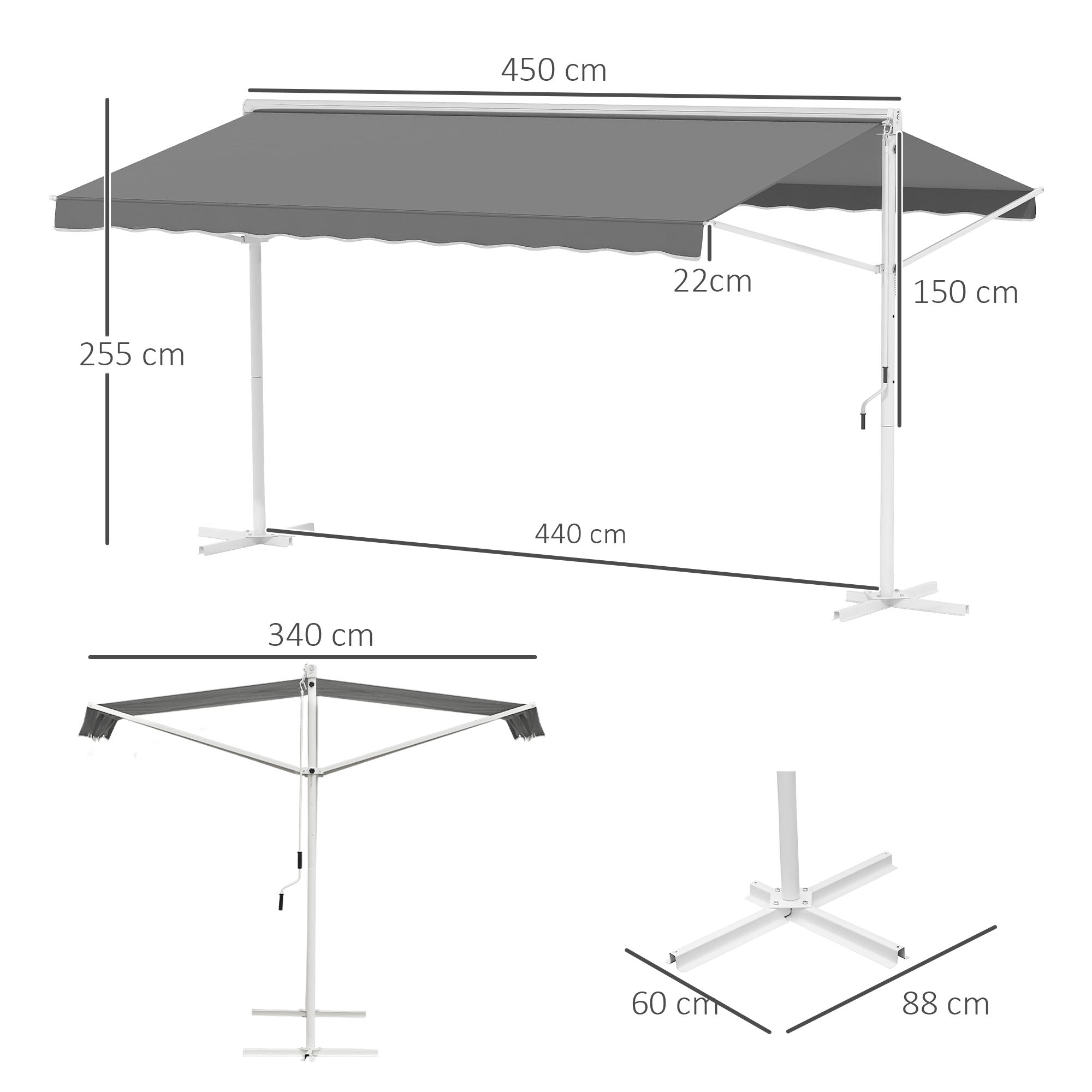 Outsunny Staande luifel met knikarm tuinluifel luifel zwengel grijs 4,5 x 3,42 m