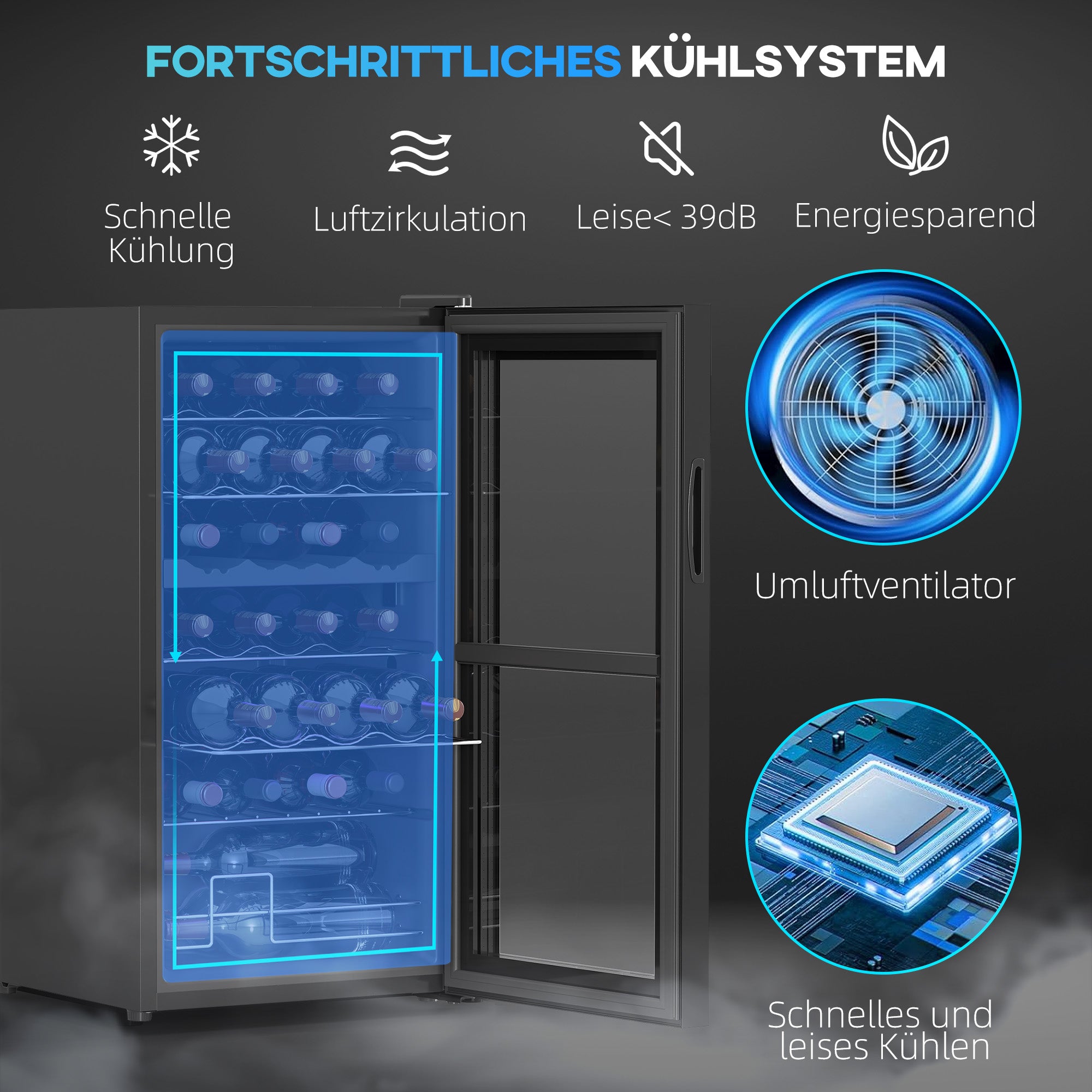 HOMCOM Kleine Wijnkoelkast voor 28 Flessen, 74 Liter, Glazen Deur, LED-Verlichting, Touch-Screen