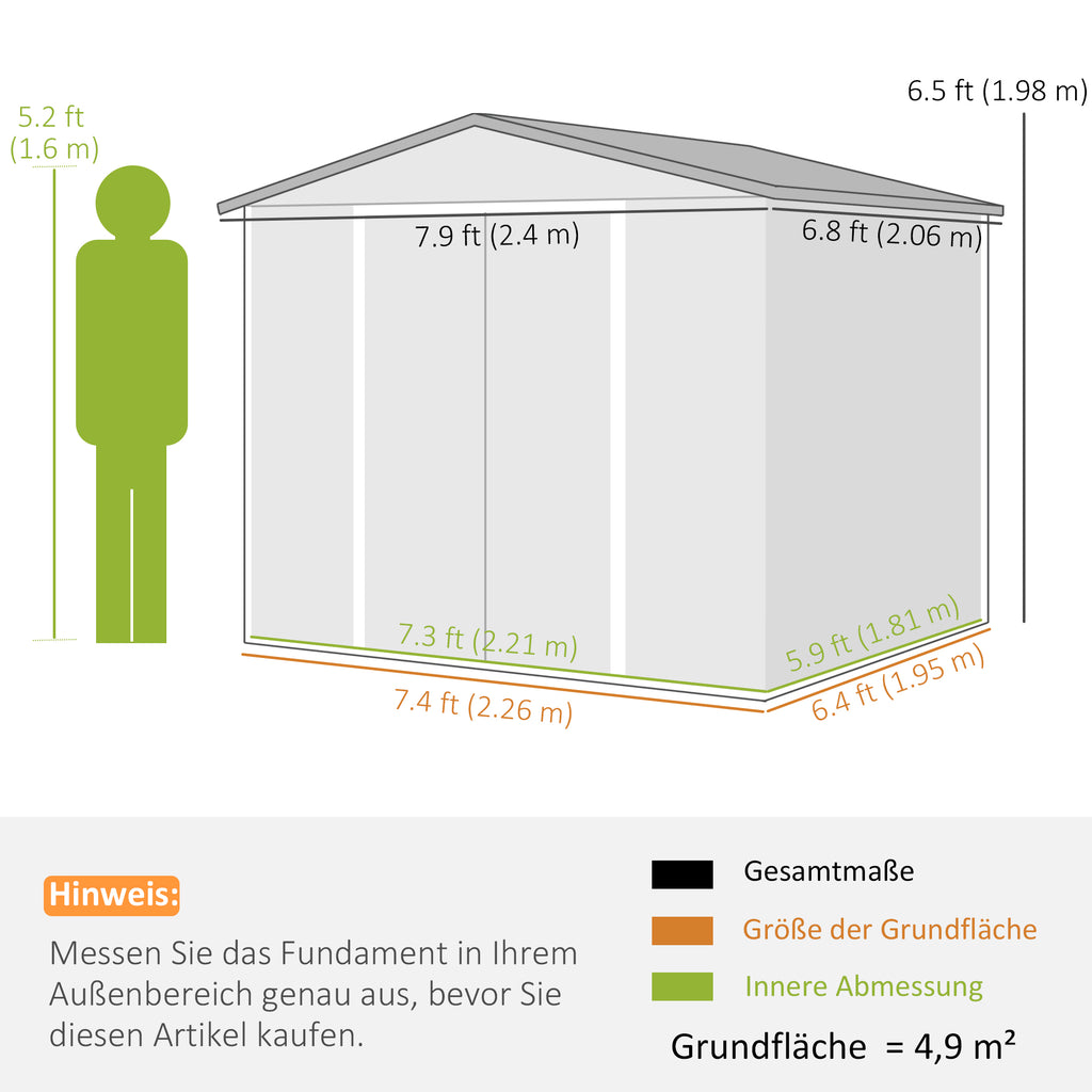 Outsunny Metalen Tuinschuur, Weerbestendig & Roestvrij, Afsluitbaar, 2,40 x 2,06 x 1,98 m, Teak