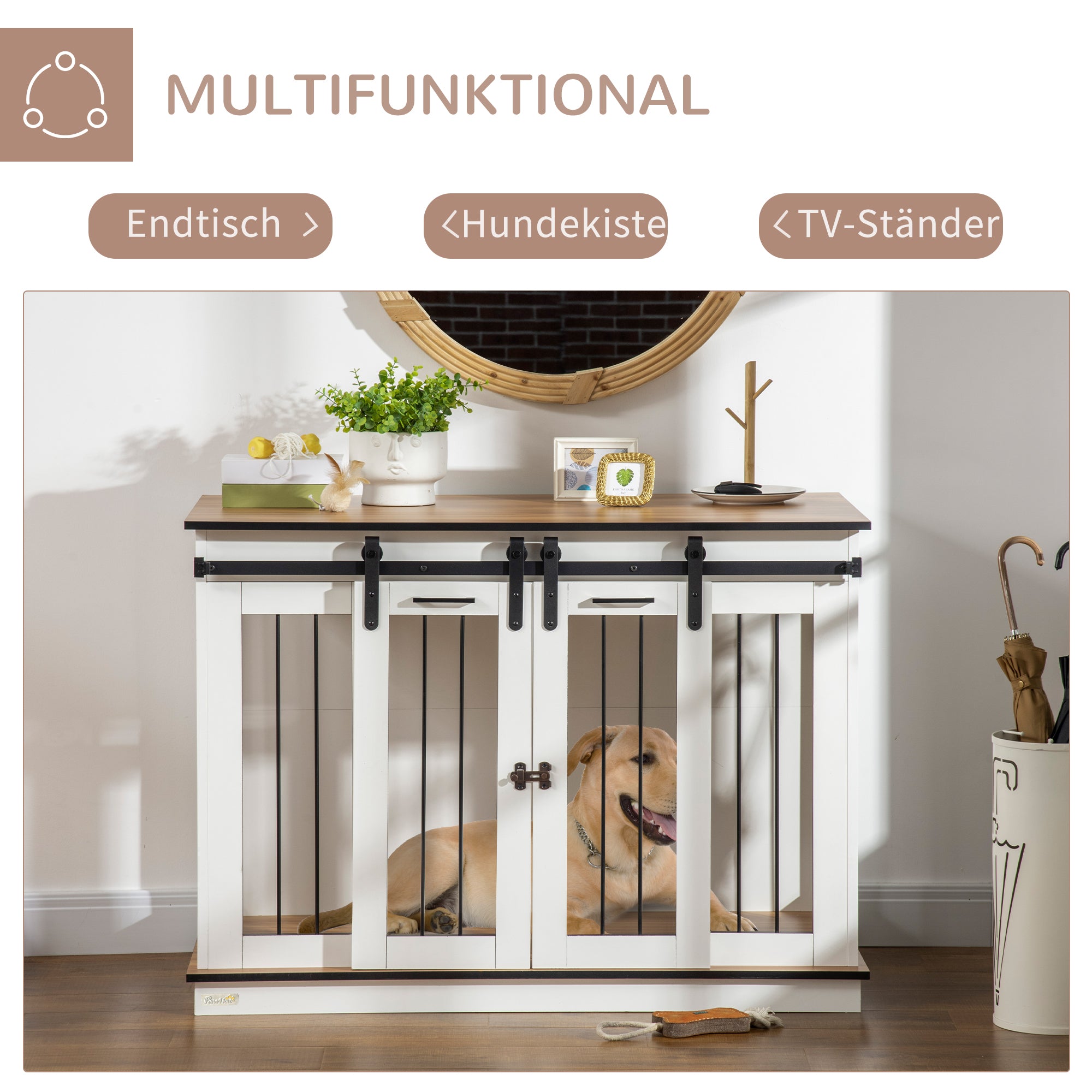 PawHut Hondenkooi met 2 Deuren, Hondenbox, Transportbox voor Honden, Rustiek Ontwerp, Vergrendelbaar, Wit