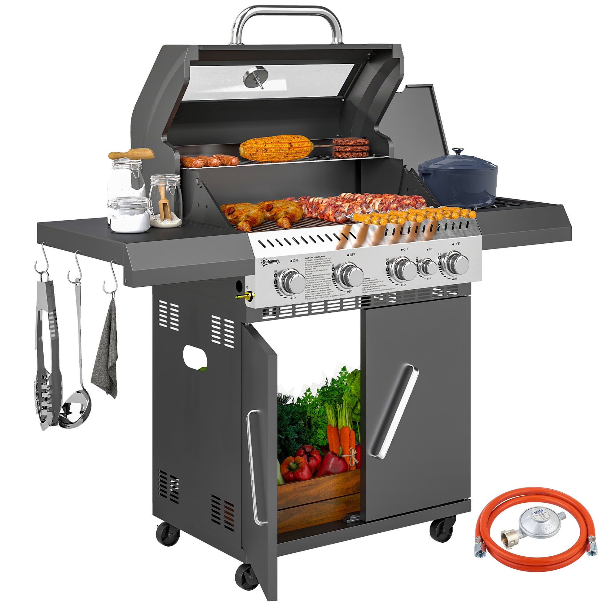 Outsunny Gasgrill 12 KW Grillwagen met 5 Branders, Zijkoker, Deksel, Thermometer, Zijplanken 135 x 54 x 110 cm
