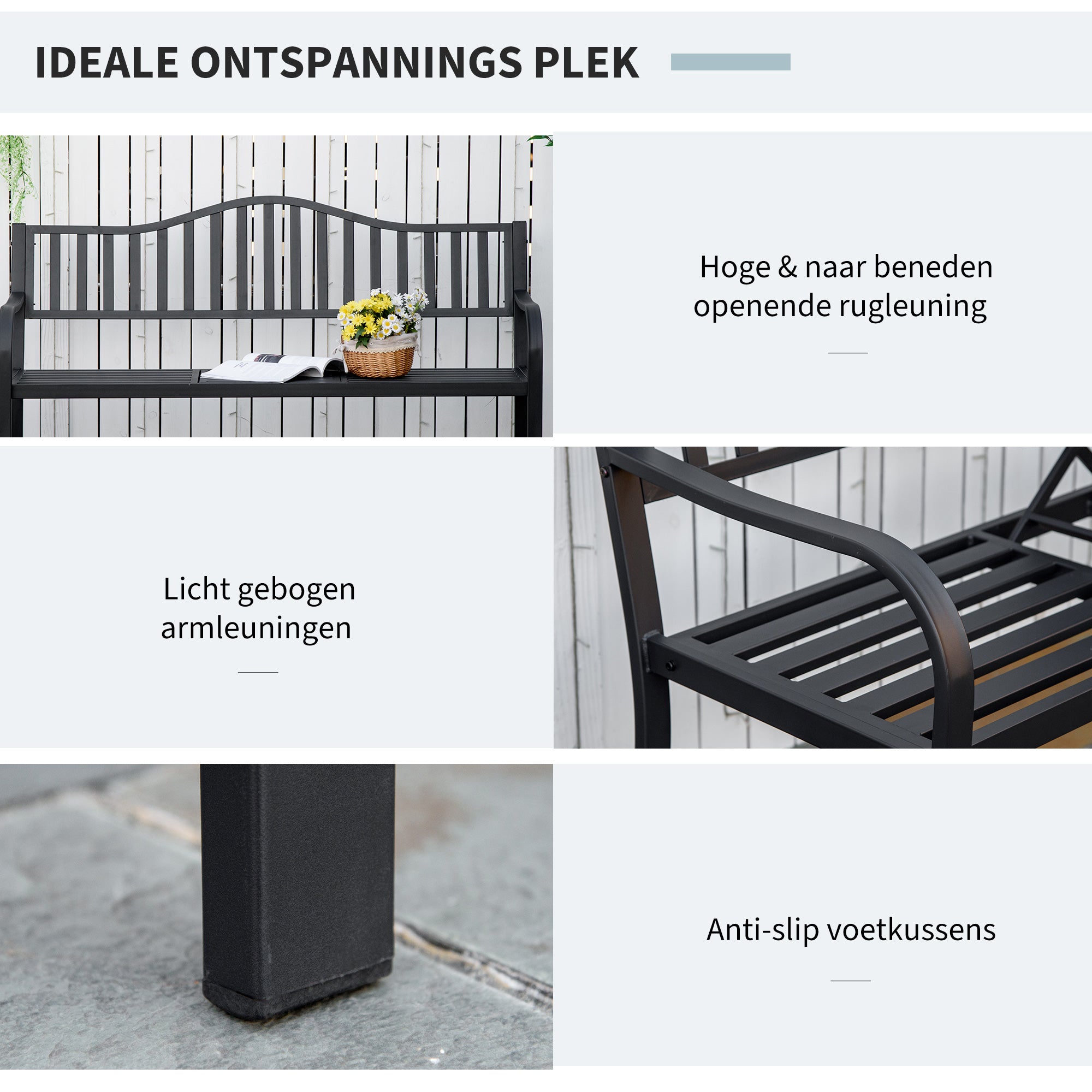 Outsunny Tuinbank met uitschuifbare tafel voor 2-3 personen Metalen parkbank Zitbank Terrasbank met rugleuning en armleuningen Tuinmeubels Zwart 150 x 58.5 x 90 cm