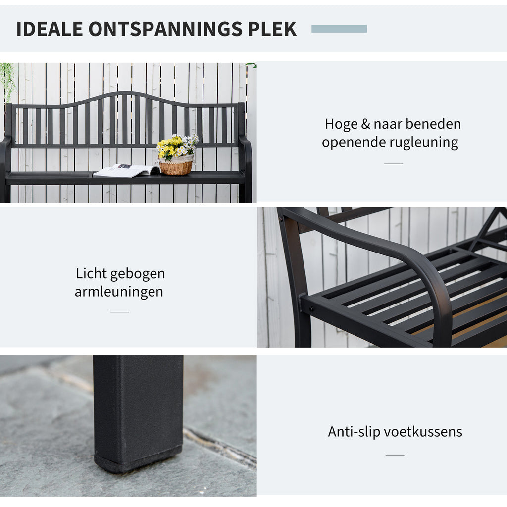 Outsunny Tuinbank met uitschuifbare tafel voor 2-3 personen Metalen parkbank Zitbank Terrasbank met rugleuning en armleuningen Tuinmeubels Zwart 150 x 58.5 x 90 cm