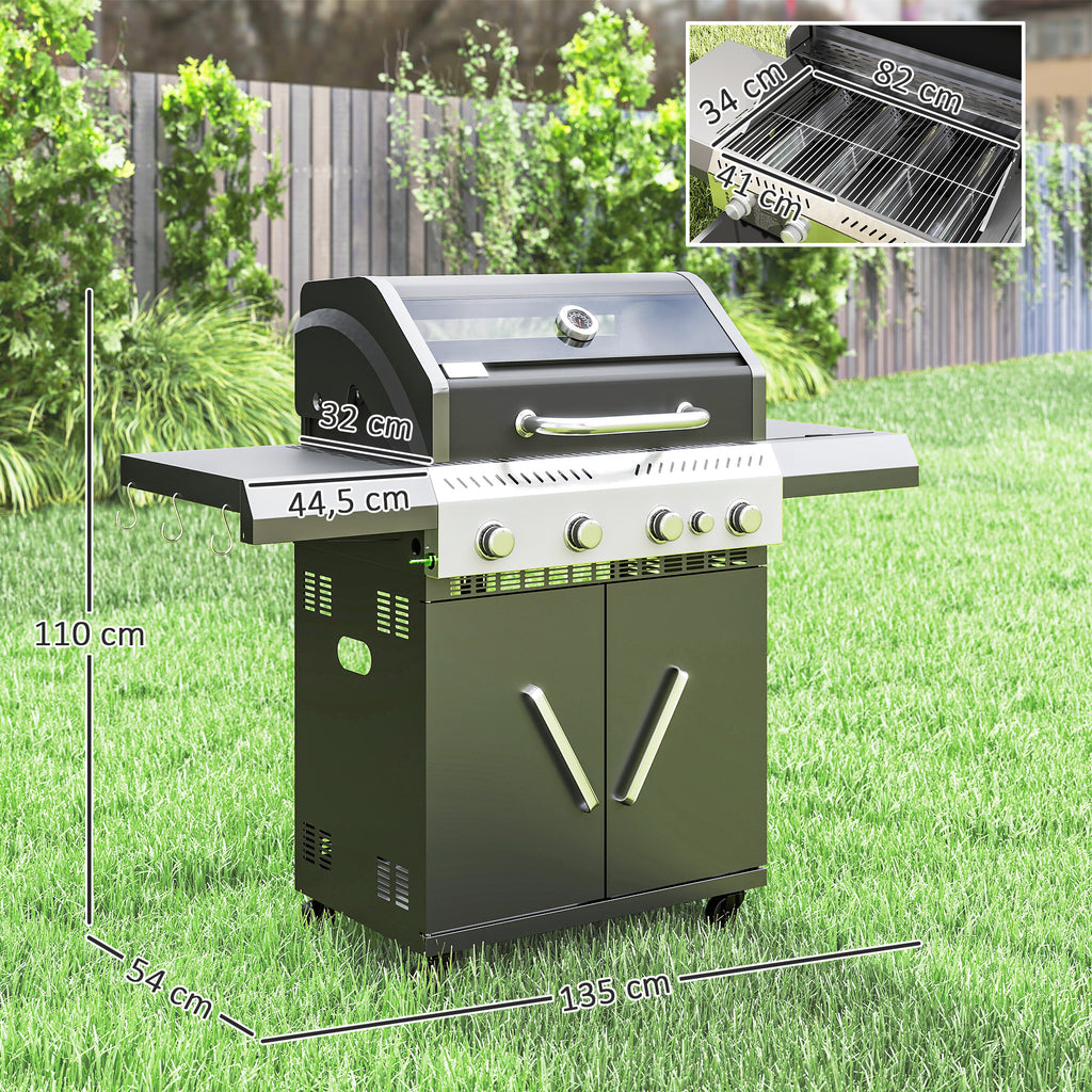 Outsunny Gasgrill 12 KW Grillwagen met 5 Branders, Zijkoker, Deksel, Thermometer, Zijplanken 135 x 54 x 110 cm