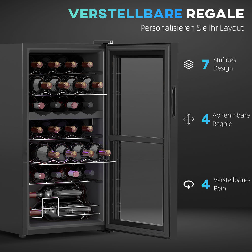 HOMCOM Kleine Wijnkoelkast voor 28 Flessen, 74 Liter, Glazen Deur, LED-Verlichting, Touch-Screen