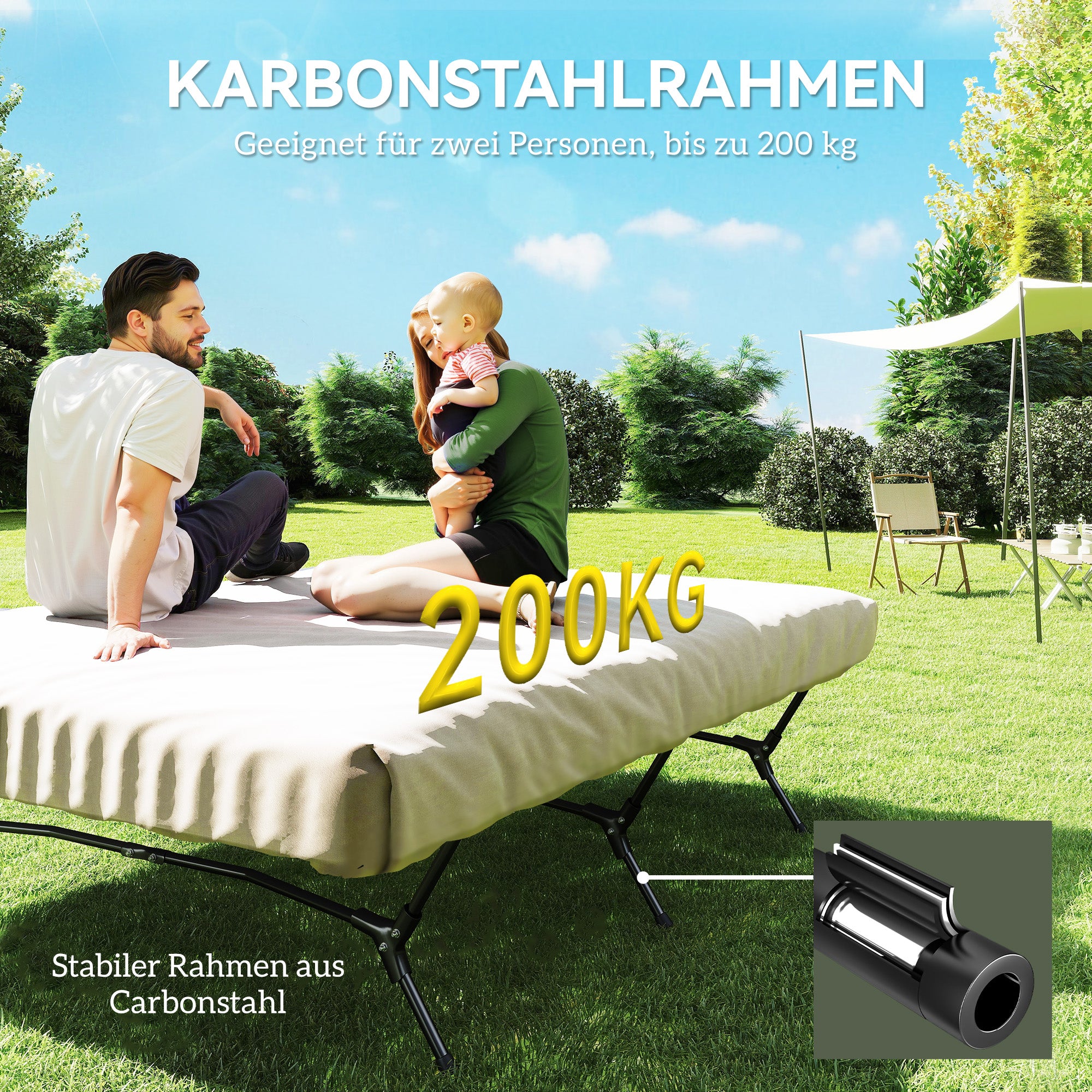 Outsunny Veldbed Kampeerbed met Luchtmatras en Pomp 200 x 153 cm Draagvermogen tot 200 kg Zwart+Khaki