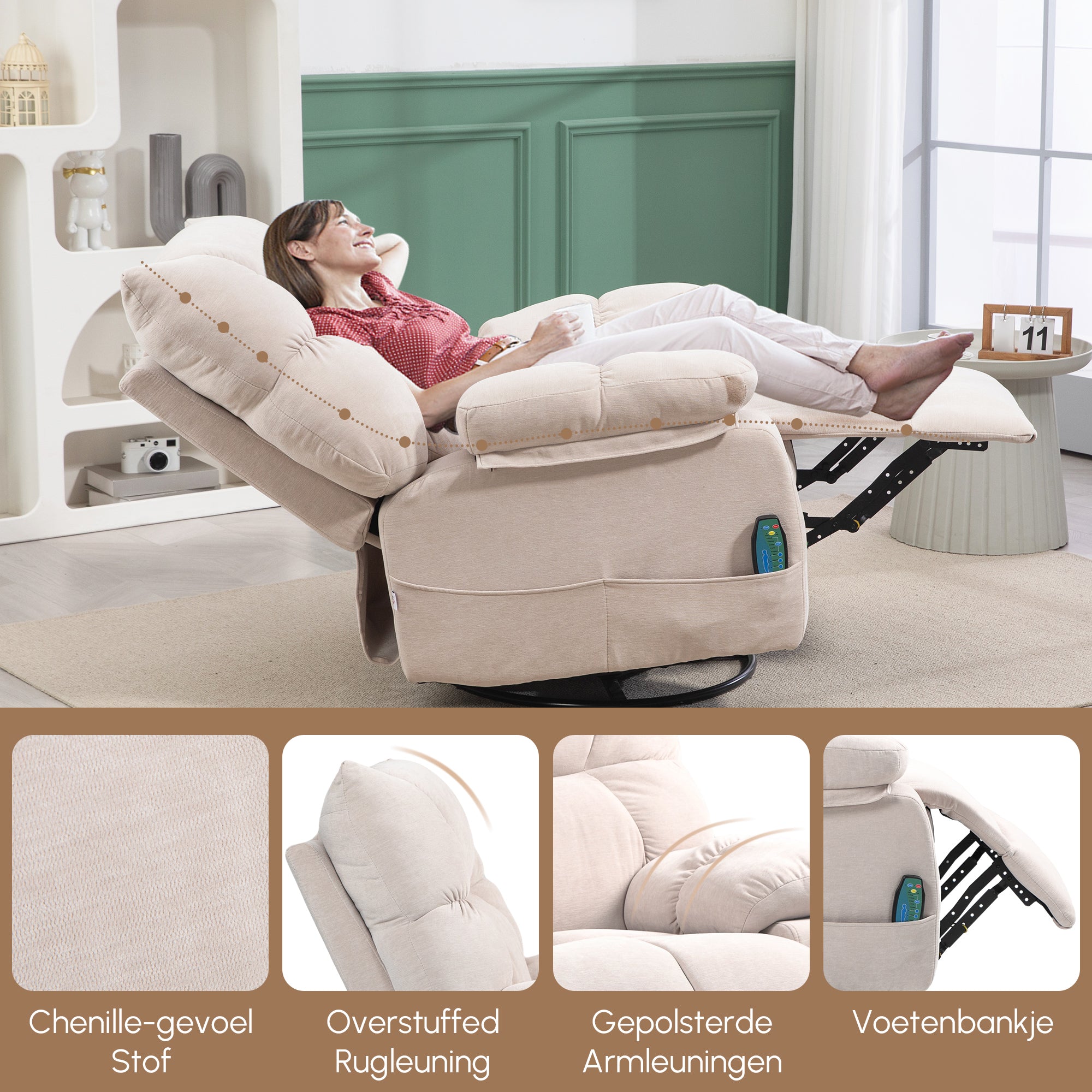 HOMCOM Massagestoel met Verwarmings- & Ligfunctie, Draaibaar, tot 150 kg, Metaal Frame, 98x90x98cm, Beige