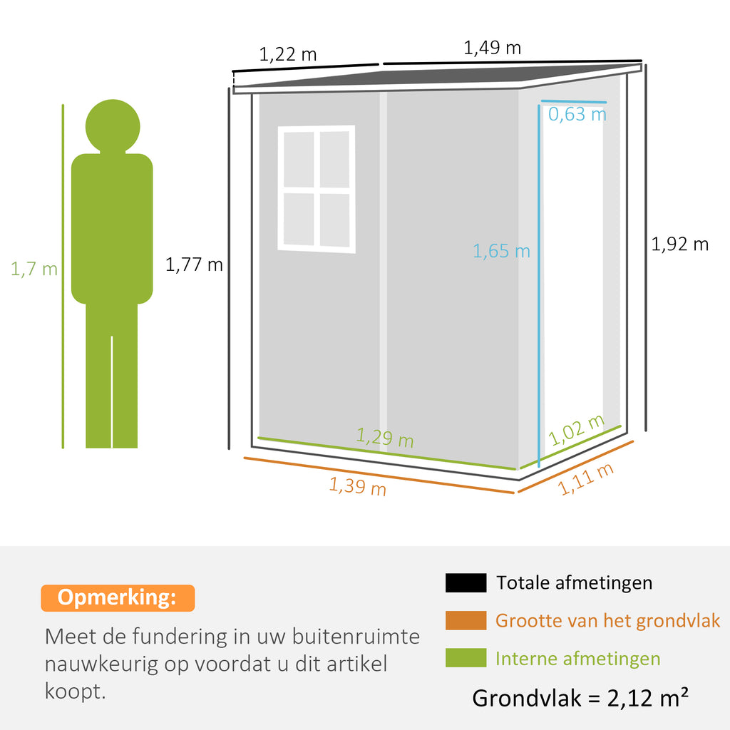 Outsunny Tuinschuur met Slot, Venster voor Daglicht & Ventilatie, Aluminium, 122 x 149 x 192/177 cm Grijs