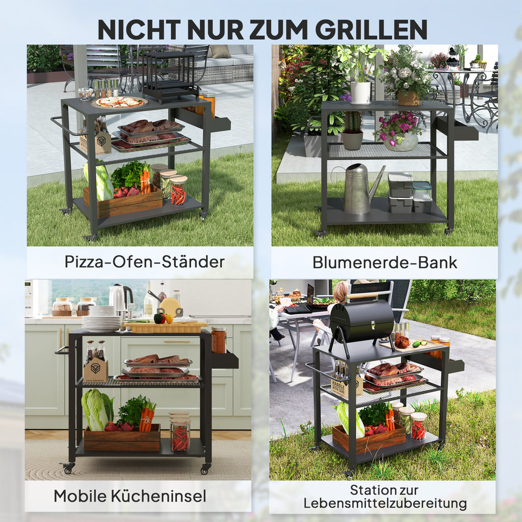 Outsunny Outdoor Keukeneiland, Grillwagen met Opbergrek, Handvat, 4 Wielen, Keukentrolley, Tuin, Terras, Metaal, Zwart