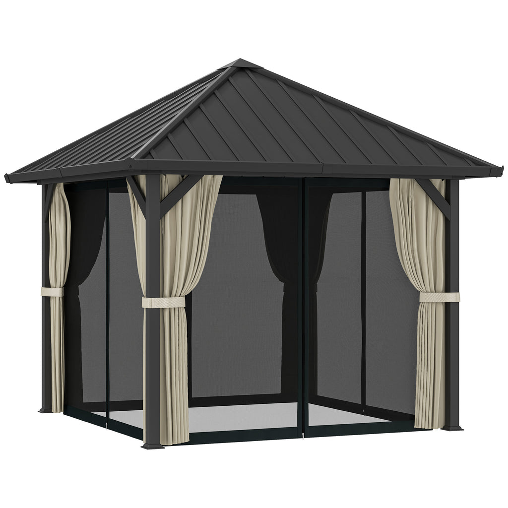 Outsunny 3 x 3m Harddak Paviljoen, Tuinpaviljoen met Metalen Dak, Waterbestendig Tuinzelt met Net en Zijwanden, Donkergrijs