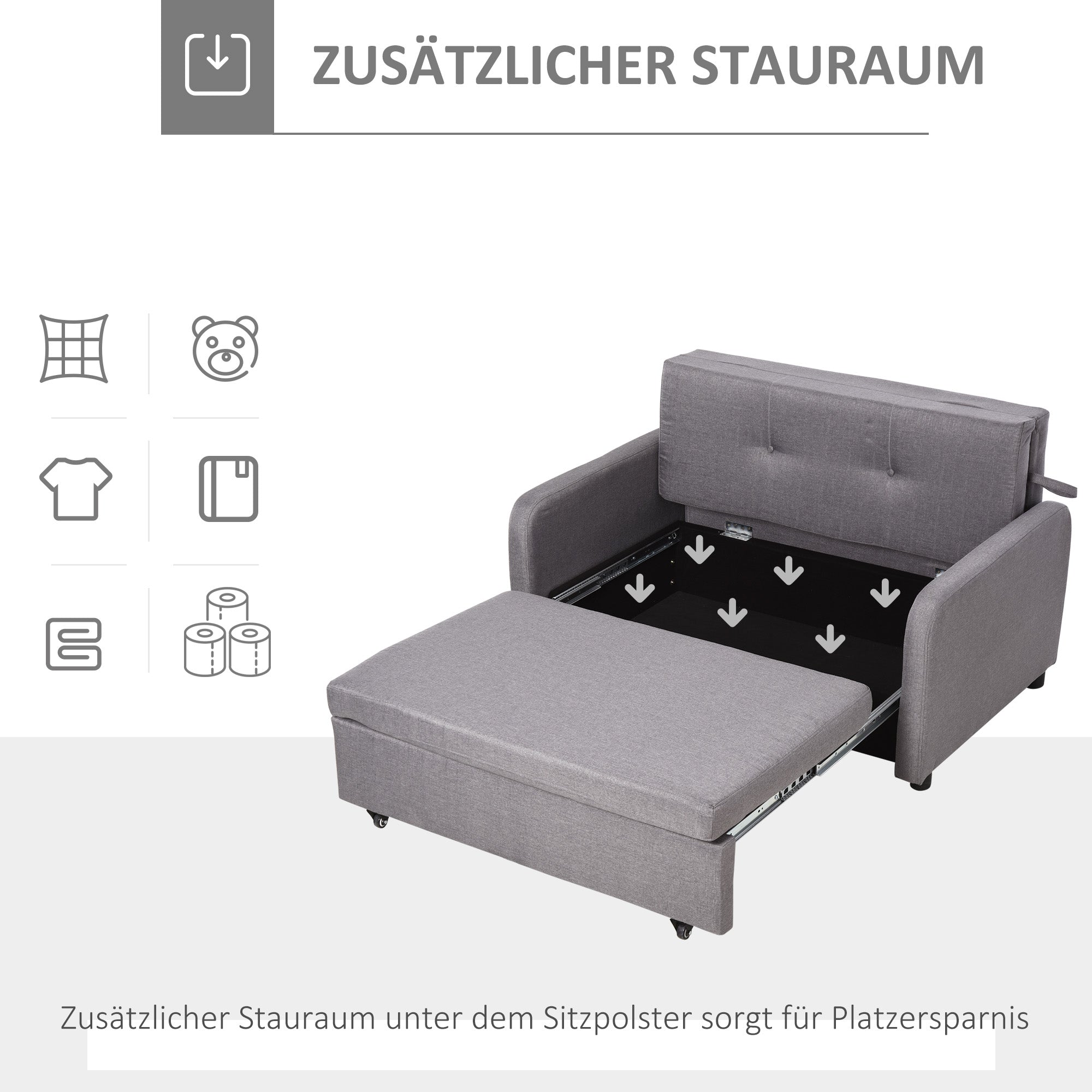 HOMCOM Slaapbank voor 2 Personen, met Opbergruimte, Eenvoudige Ombouw, Flexibel Ontwerp, Grijs