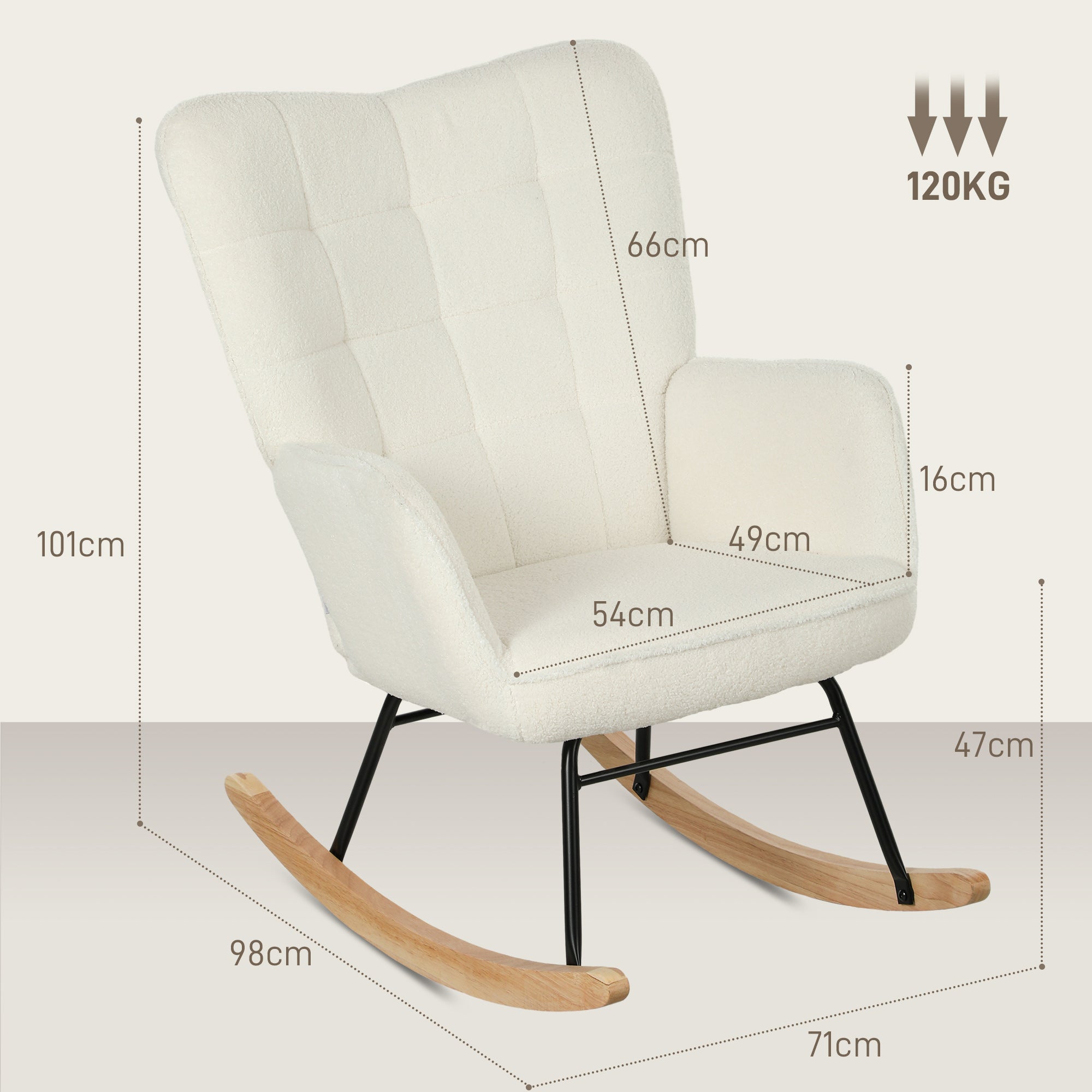 HOMCOM Schommelstoel in Berbervlies Look met Armleuningen, Ergonomische Stoel met Houten Glijders, voor Woonkamer, Slaapkamer, Wit