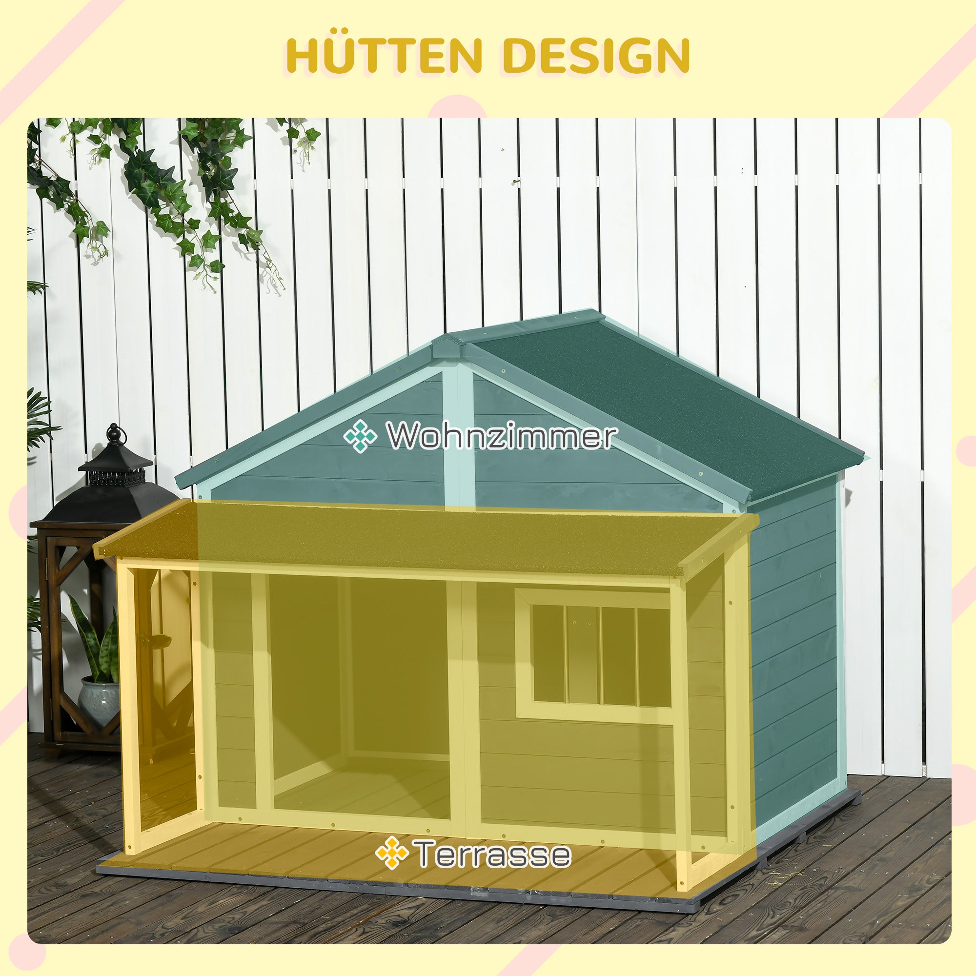 PawHut Hondenhok voor buiten - Inclusief veranda - Weerbestendig - 124 cm x 112 cm x 105 cm - Grijs + Wit