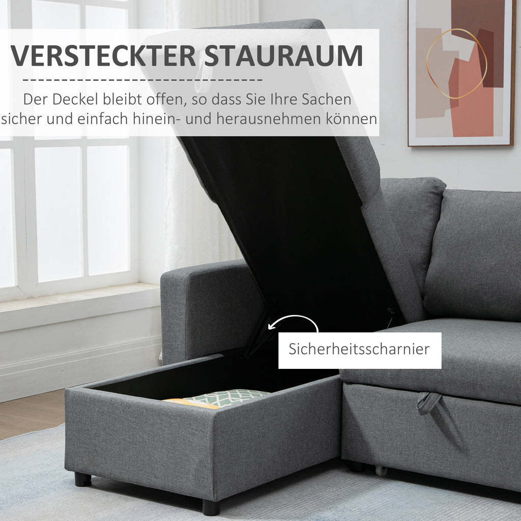 HOMCOM hoekbank met slaapfunctie opbergruimte hoekbank met bedstee chaise longue slaapbank stoffen bank L-vorm linnen touch lichtgrijs 211,5 x 146 x 85 cm