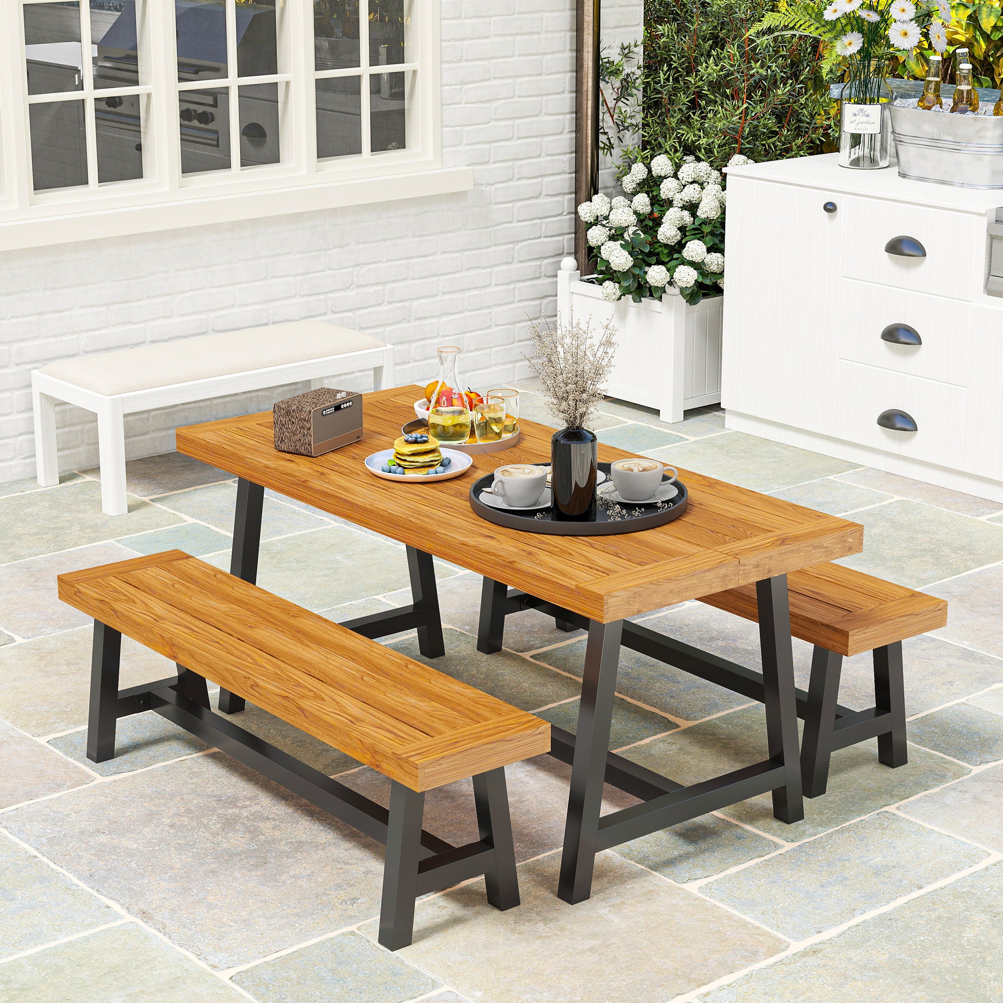 Outsunny Tuinmeubelset 3-delig Hout Eetgroep voor 4 Personen Eettafel met 2 Banken Teak