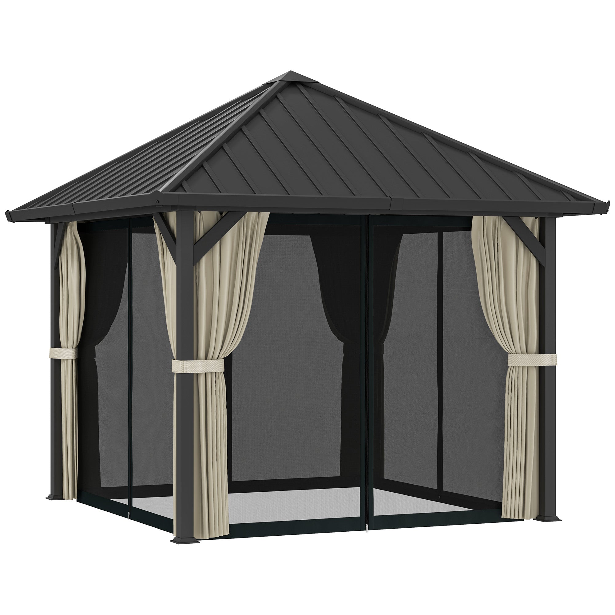 Outsunny 3 x 3m Harddak Paviljoen, Tuinpaviljoen met Metalen Dak, Waterbestendig Tuinzelt met Net en Zijwanden, Donkergrijs