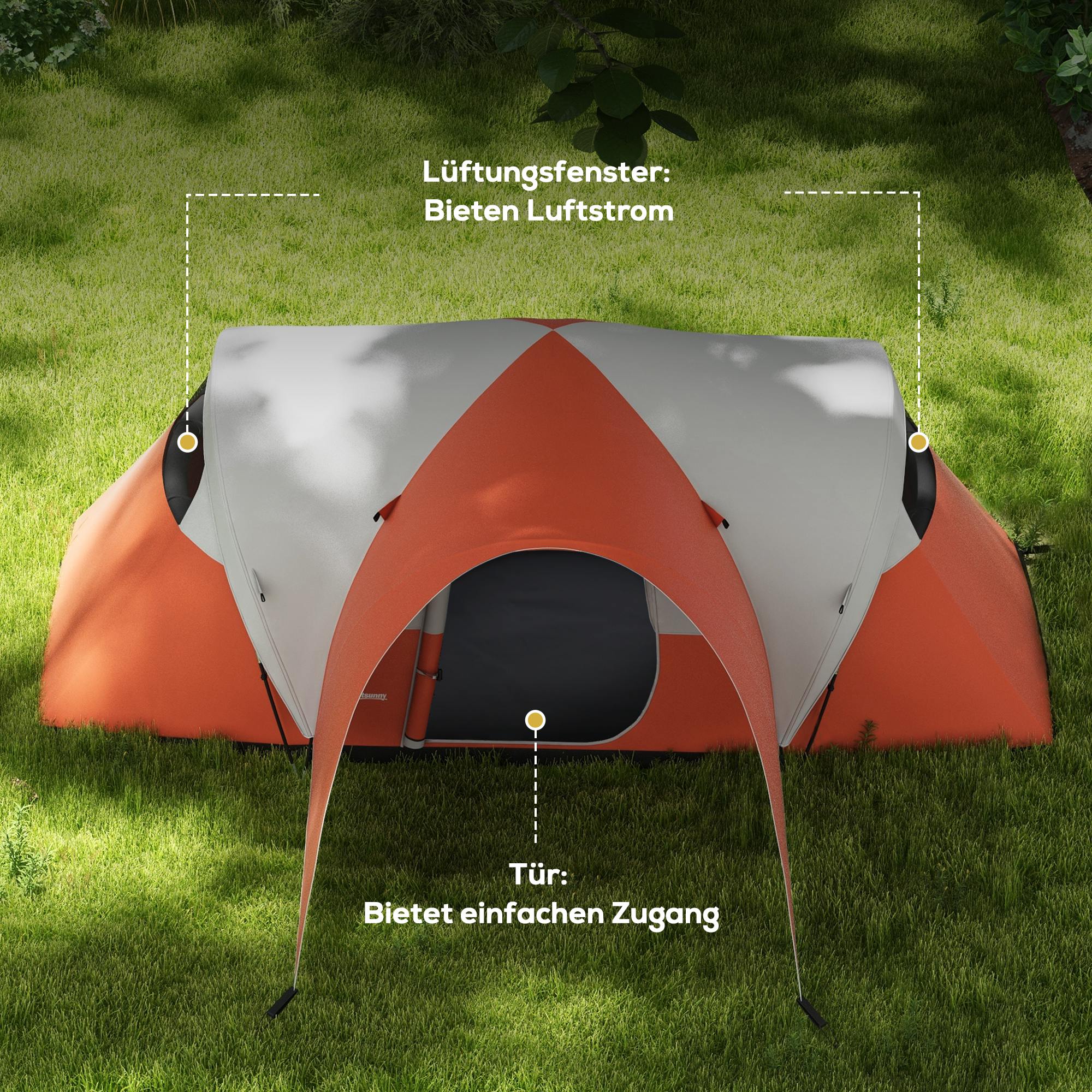 Outsunny Kampeertent voor 5-6 Pers., Familietent, waterdicht, met Voortent, 550L x 300B x 198Hcm, Oranje