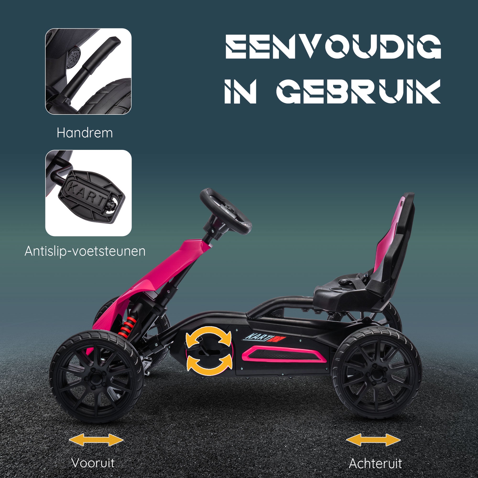 HOMCOM Go-Kart voor Kinderen met Verstelbare Stoel, Trapvoertuig, Trapauto met Handrem, 3-8 Jaar, Outdoor, Roze