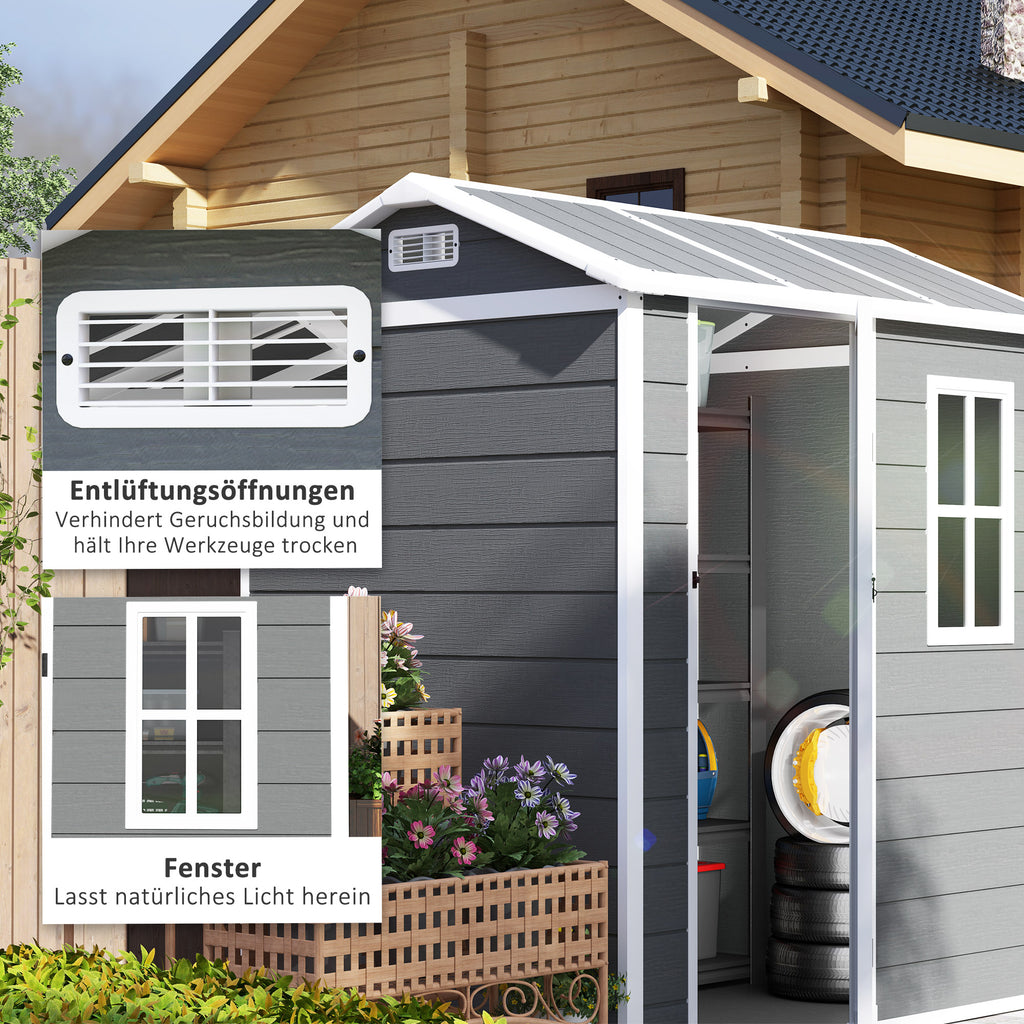 Outsunny Tuinhuis, Gereedschapsschuur met Bodem, Raam, Afsluitbare Deur, Kunststof-Harz, Weerbestendig, Grijs