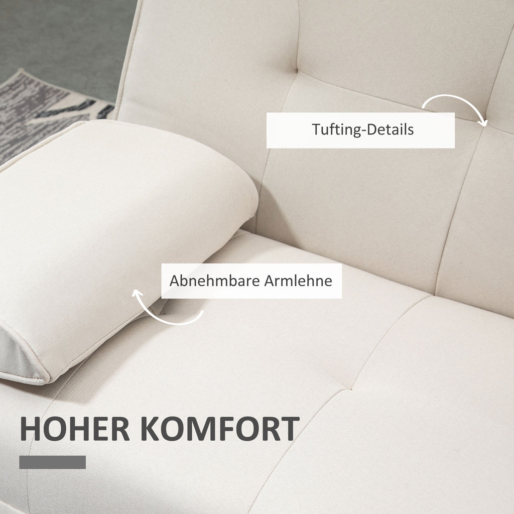 HOMCOM Slaapbank 3-zits, verstelbare rugleuning met inklaptafel, twee armkussens, linnenlook, beige, 181 x 77 x 78 cm