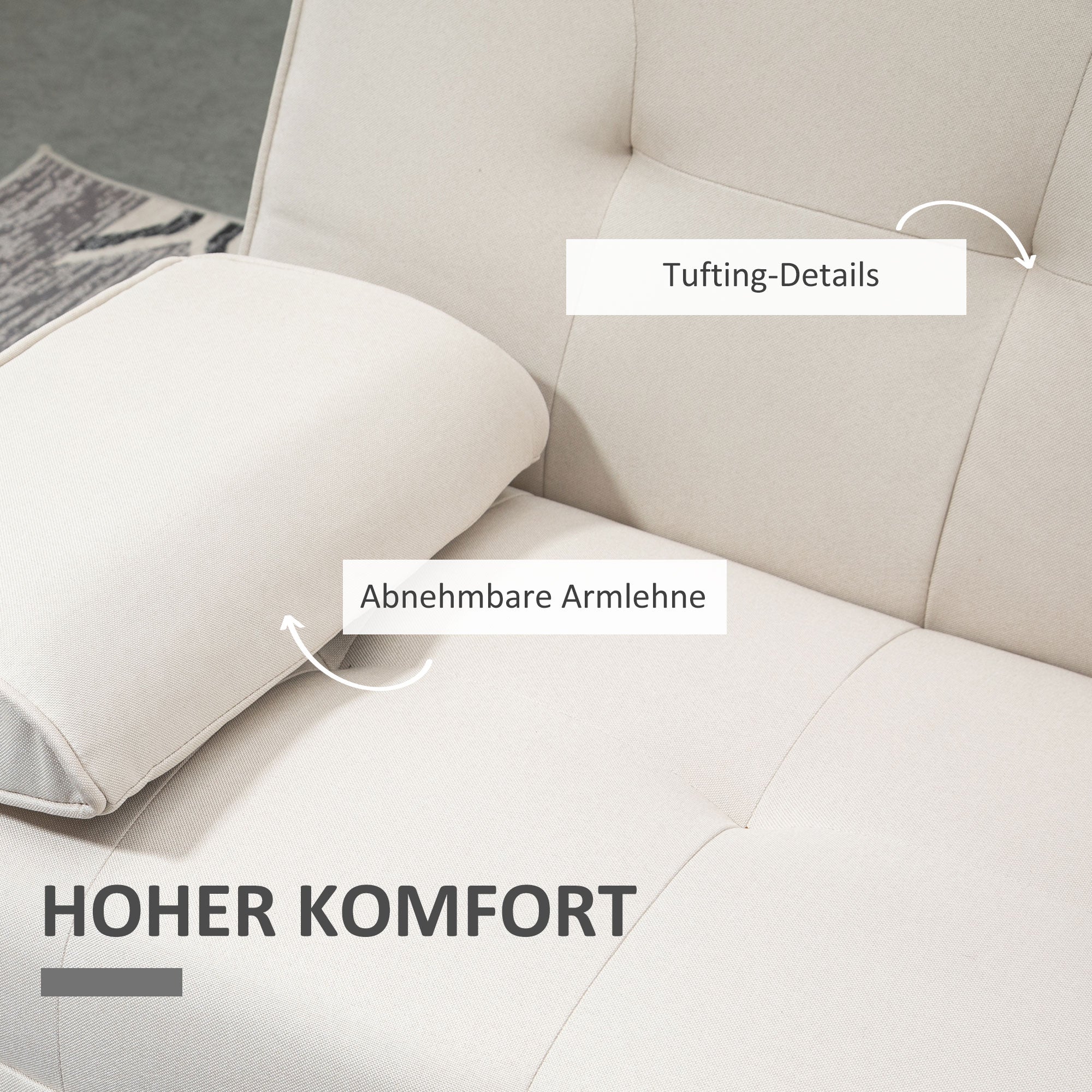 HOMCOM Slaapbank 3-zits, verstelbare rugleuning met inklaptafel, twee armkussens, linnenlook, beige, 181 x 77 x 78 cm