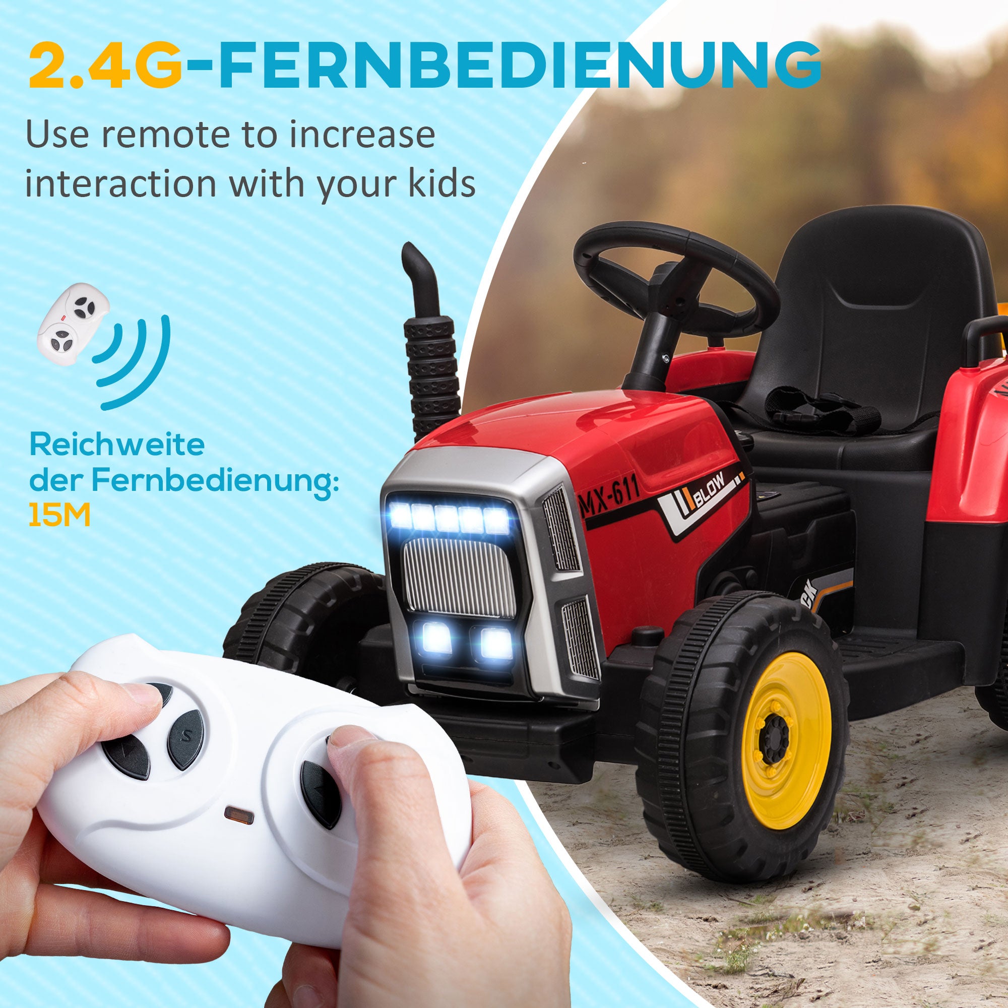 HOMCOM Elektrische kinderauto, kindertractor, inclusief ouderlijke afstandsbediening, maximale snelheid van 6 km/u; Rood + Zwart