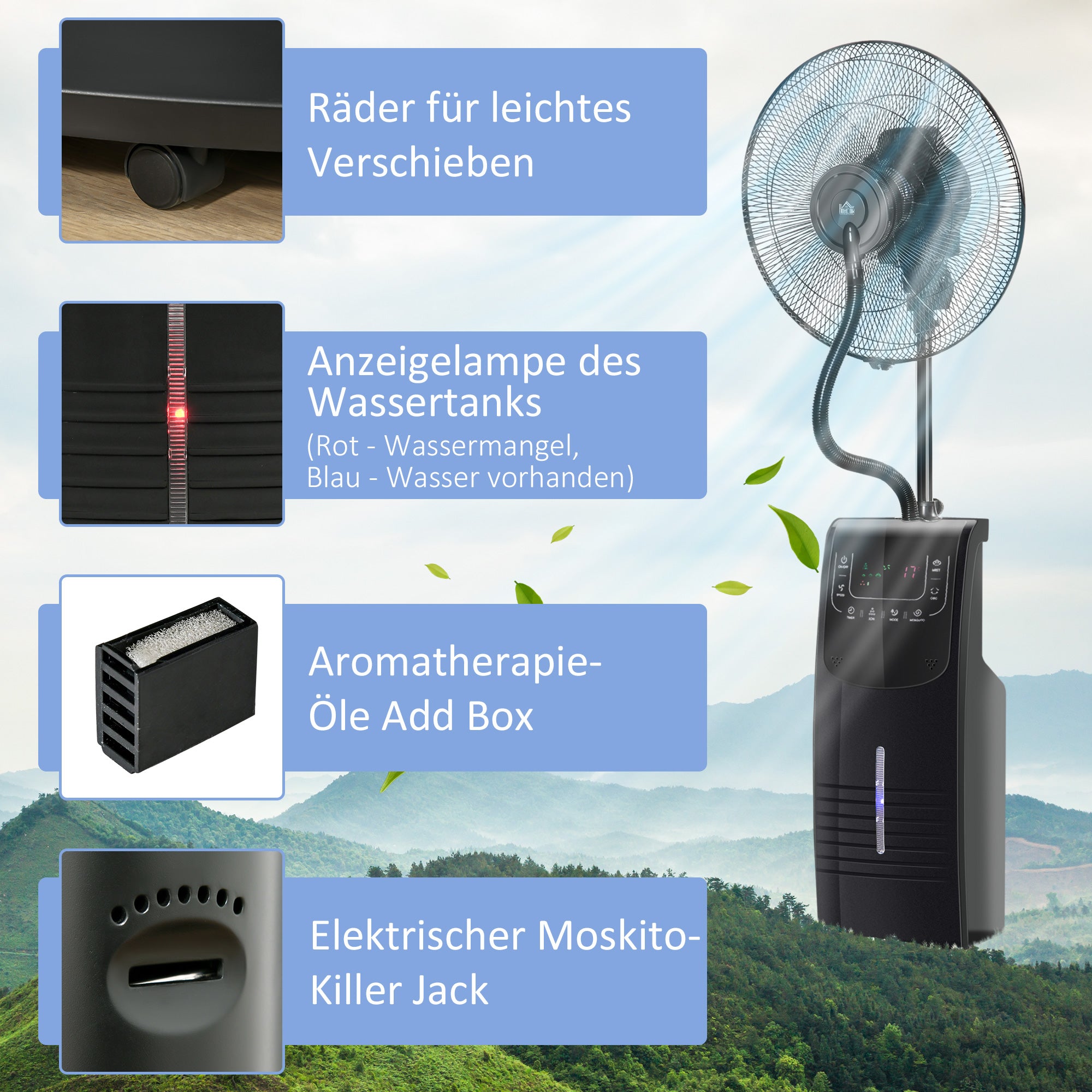 HOMCOM Statiefventilator met 3,1 liter waterverstuiver ventilator hoogte 135 cm 3 modi