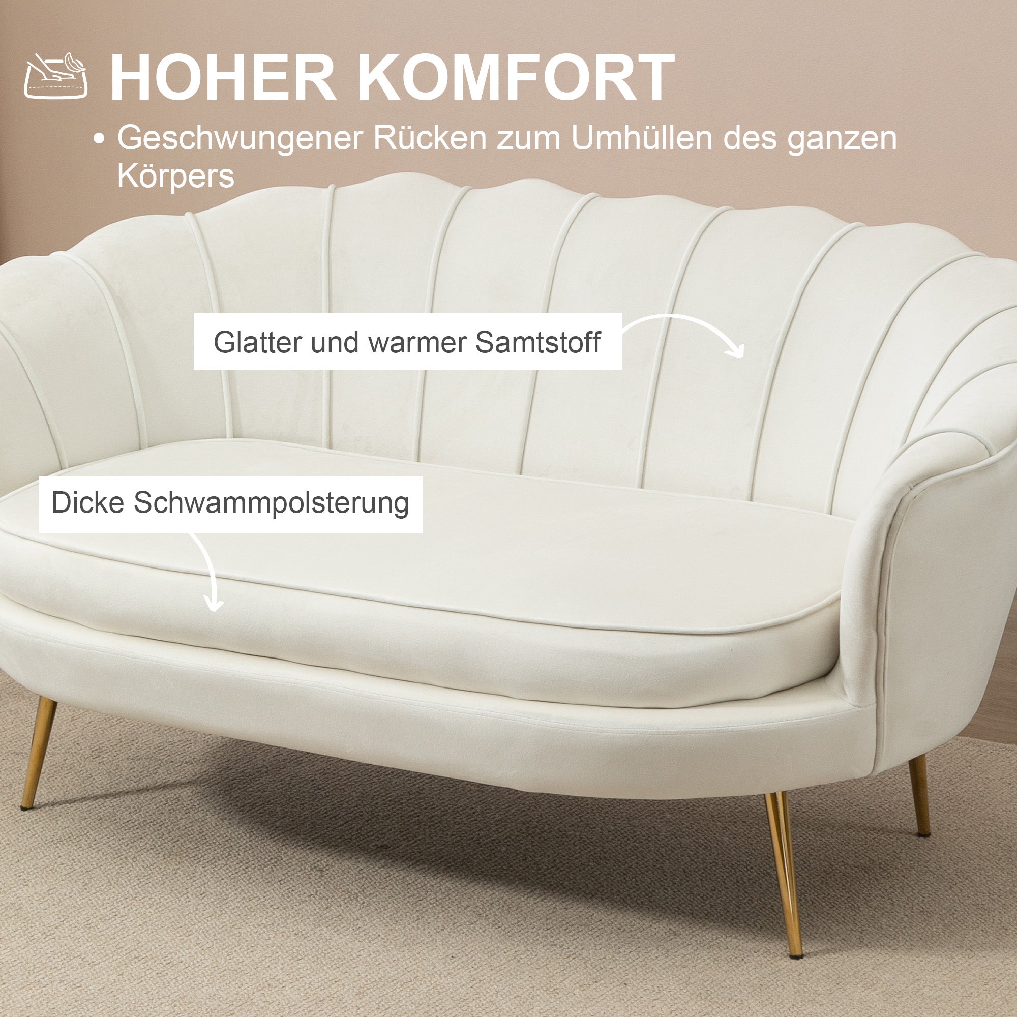 HOMCOM Vintage 2-zitsbank, bank, gestoffeerd meubilair, fluweeloptiek, tot 150 kg, Crème/Goud