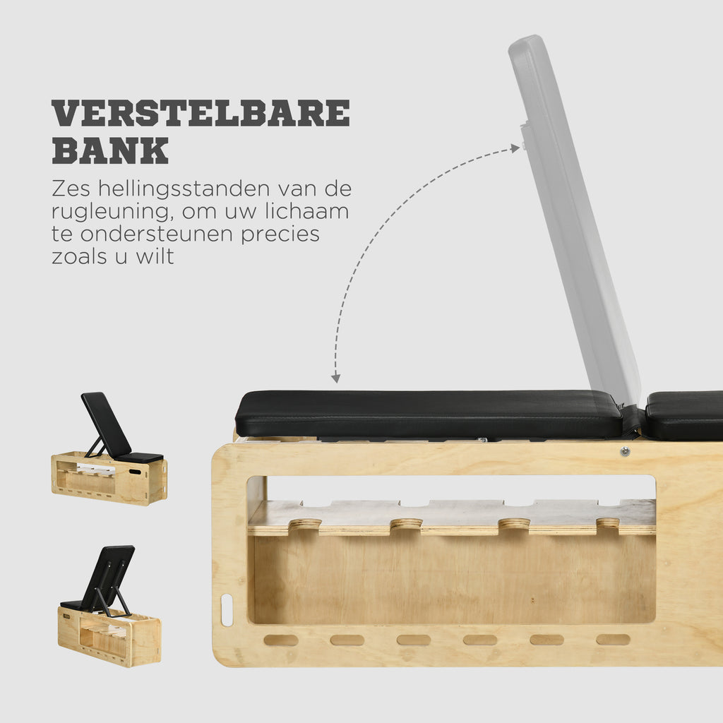 HOMCOM Halterbank met halterrek, 1 opbergmand, verstelbaar in 6 posities, massief hout, naturel + zwart