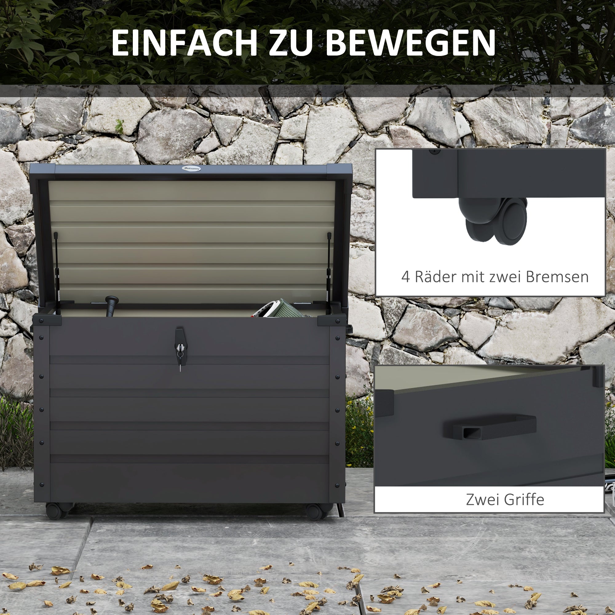 Outsunny Buiten Opbergbox Tuinkist Kussenbox, weerbestendig, 4 Wielen, 100 cm x 62 cm x 65 cm, Donkergrijs