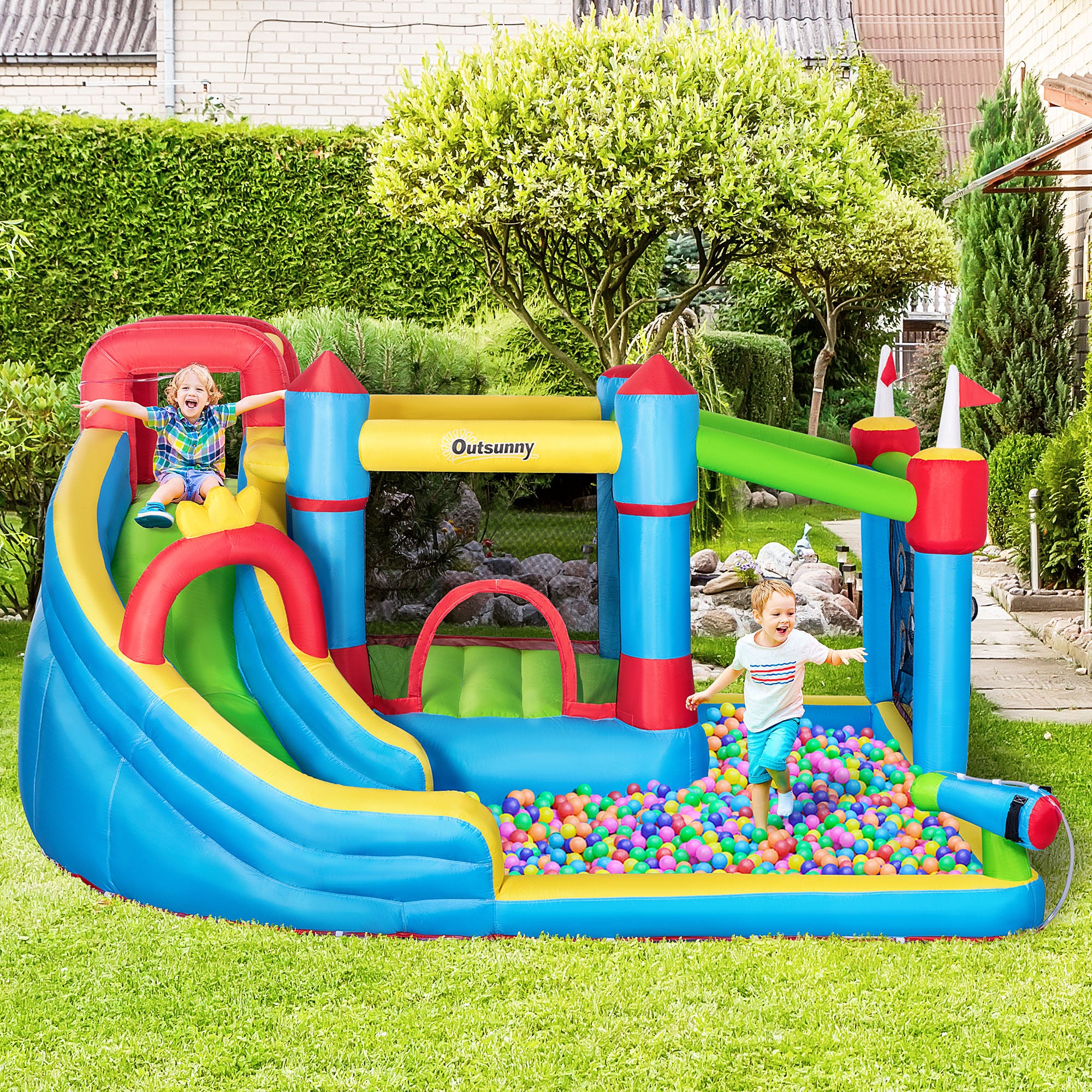 Outsunny springkasteel, opblaasbaar springkasteel, waterpark met waterglijbaan, kleurrijk