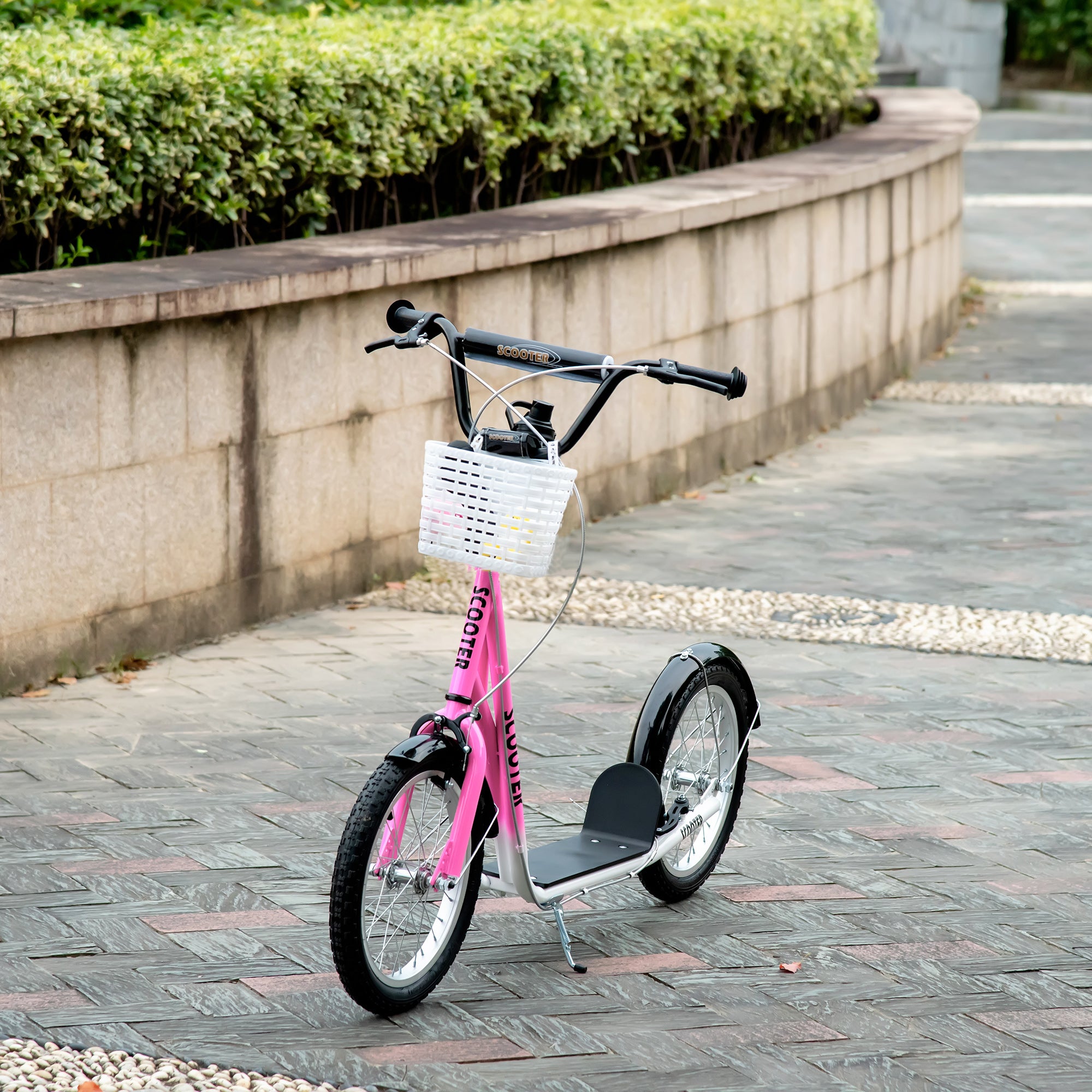 HOMCOM Kinderstep met Rem, Incl. Mand, Hoogteverstelbaar, voor Kinderen van 5 tot 12 Jaar, Wit + Roze