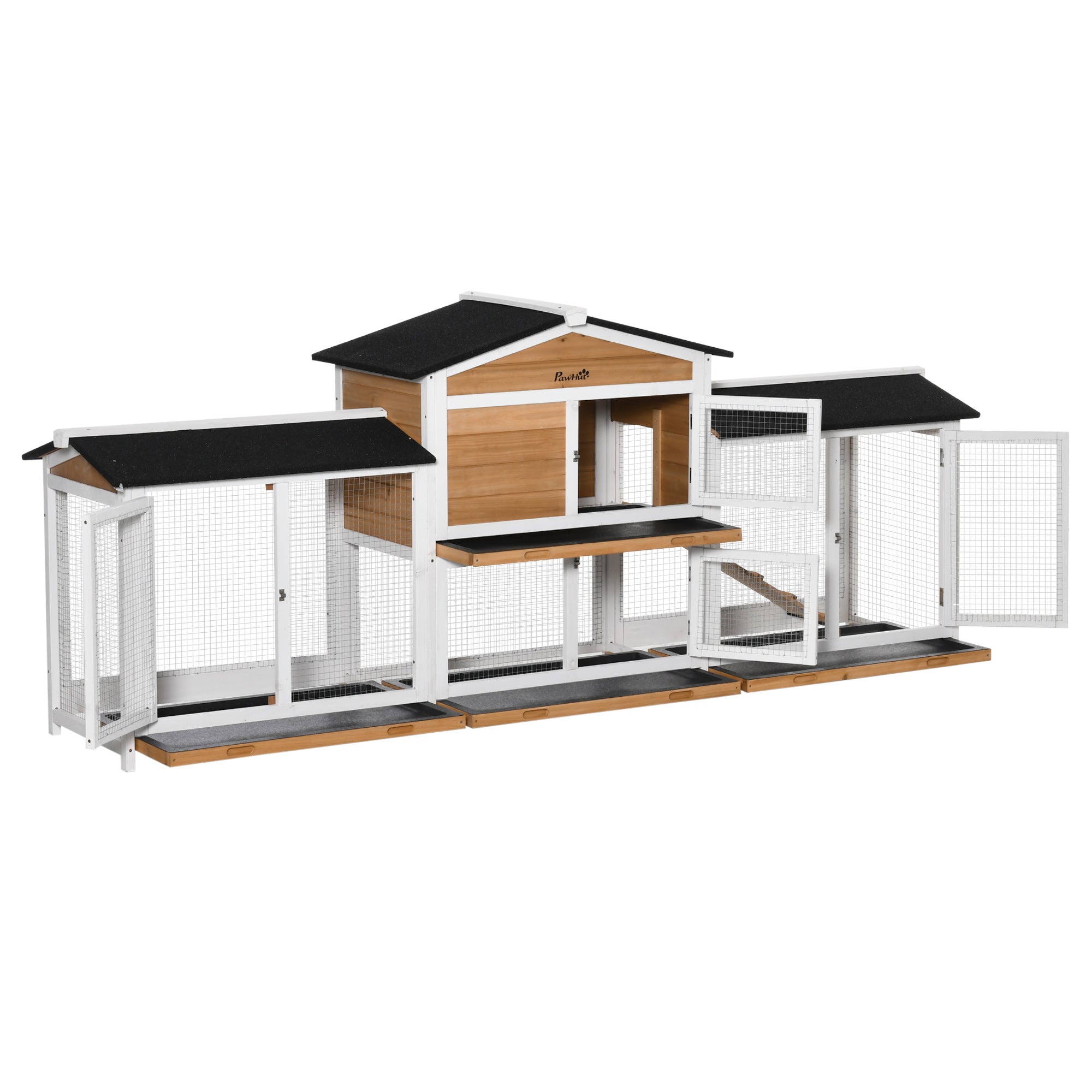 PawHut konijnenhok met ren, hok voor kleine dieren, dwerg konijnenhok met oprit, cavia hok, kooi voor kleine dieren, dwergkonijn kooien voor buiten, winterklaar, sparrenhout, wit, 230 x 53 x 93.5 cm