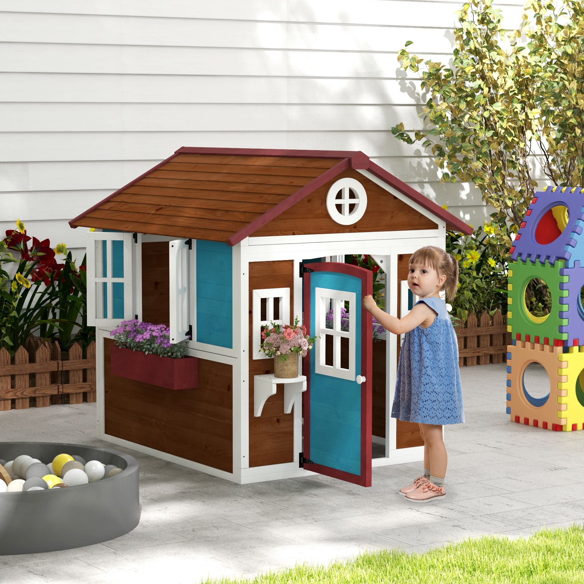 Outsunny Kinderspeelhuis van hout voor buiten, met ramen, bloempotten, ideaal voor kinderen van 3-8 jaar, Blauw