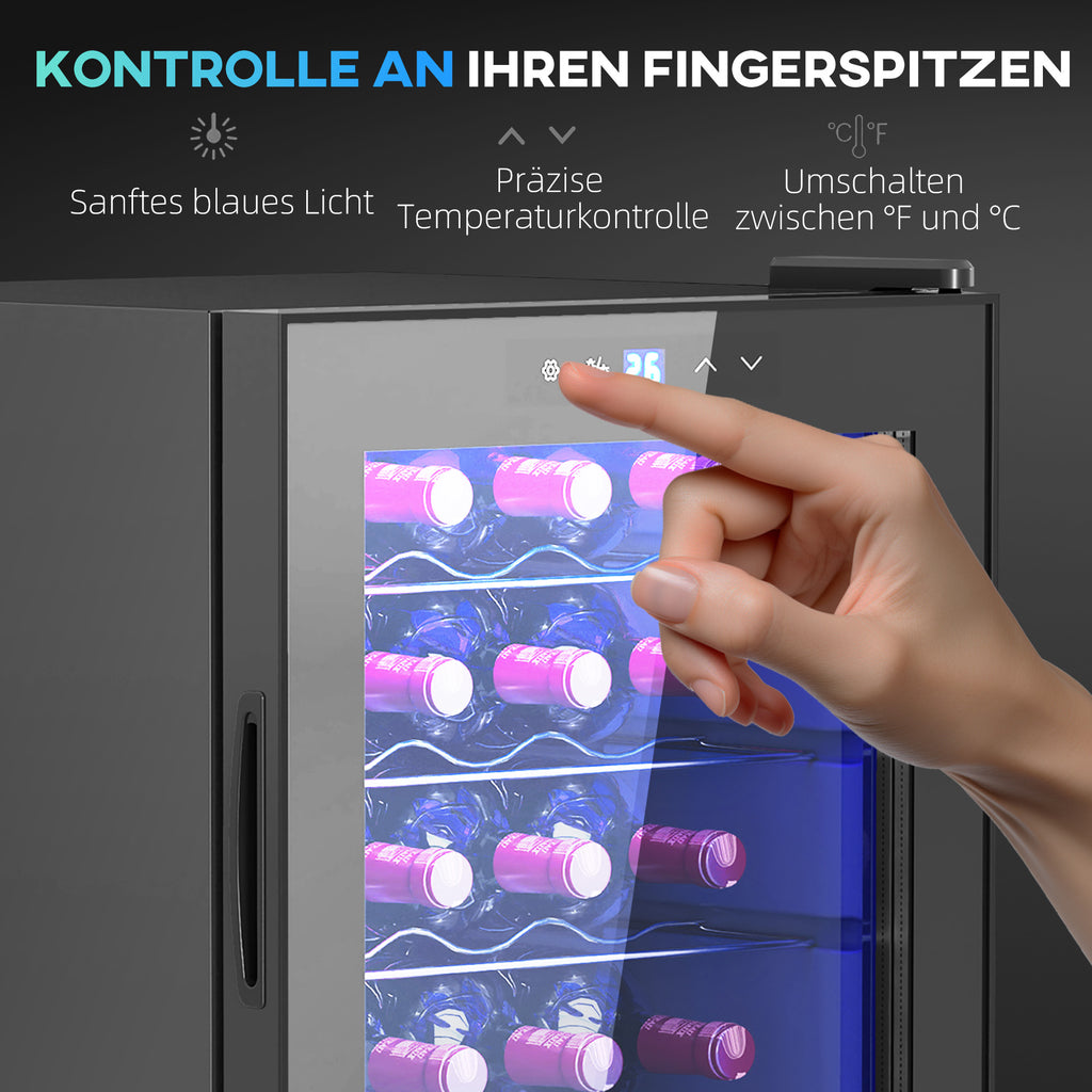 HOMCOM Kleine Wijnkoelkast, Mini-Koelkast voor 20 Flessen, 53 Liter Capaciteit, met Glazen Deur, LED-Verlichting, Zwart