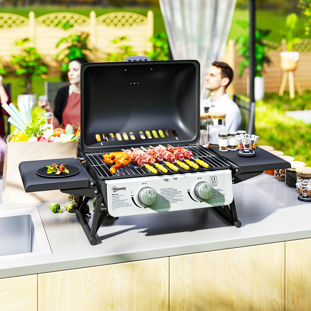 Outsunny Gasbarbecue 5,6 KW met 2 Roestvrijstalen Branders en Zijtafels, Drukregelaar 101 x 48 x 41 cm Zwart