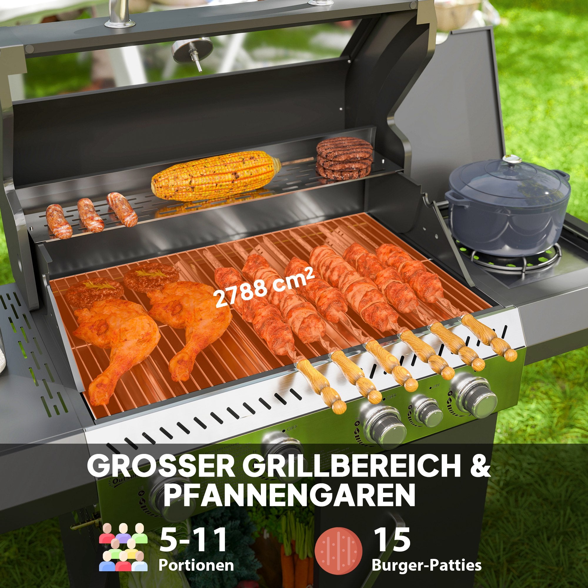 Outsunny Gasgrill 12 KW Grillwagen met 5 Branders, Zijkoker, Deksel, Thermometer, Zijplanken 135 x 54 x 110 cm