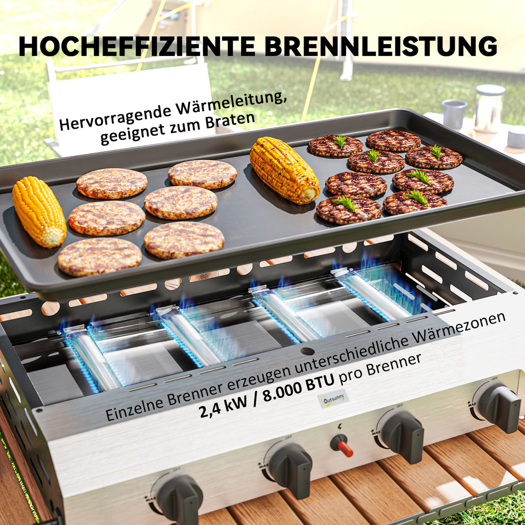 Outsunny Gasbarbecue met 8000BTU/2,4 KW, Grillwagen incl. 4 Roestvrijstalen Branders, Drukregelaar 44 x 44,5 x 19 cm Zilver+Zwart