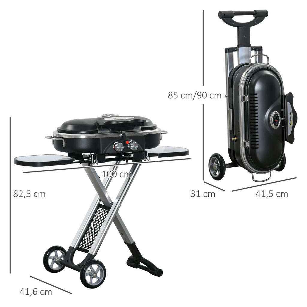 Outsunny Grillkar, inklapbaar, opbergrek, vetopvangbak, roestvrij, aluminium, 100 x 41,6 x 82,5 cm, zwart/zilver