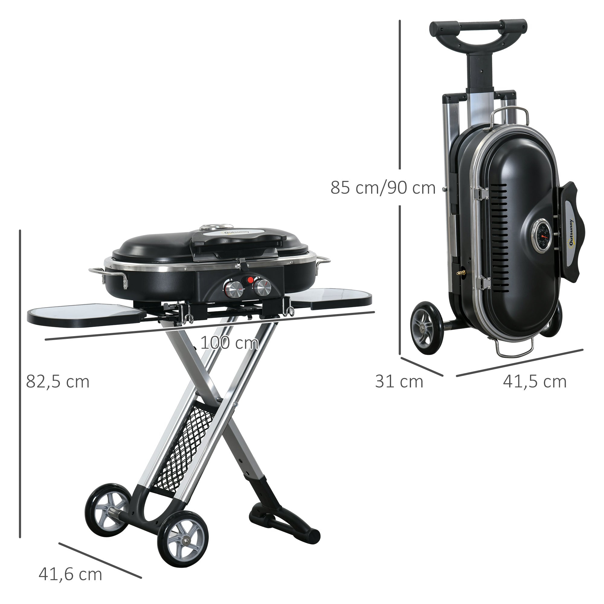 Outsunny Grillkar, inklapbaar, opbergrek, vetopvangbak, roestvrij, aluminium, 100 x 41,6 x 82,5 cm, zwart/zilver