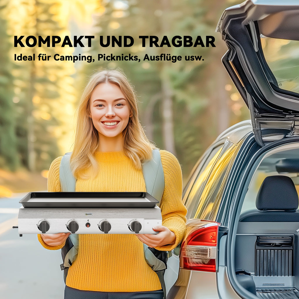 Outsunny Gasbarbecue met 8000BTU/2,4 KW, Grillwagen incl. 4 Roestvrijstalen Branders, Drukregelaar 44 x 44,5 x 19 cm Zilver+Zwart
