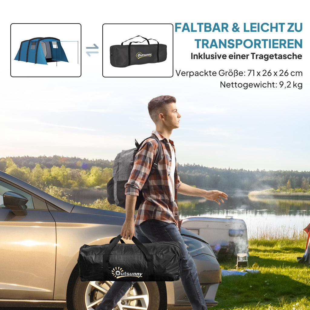 Outsunny Opblaasbare Campingtent 3-6 Personen Outdoor Tunneltent met Zijramen Deur Luchtsteunen 4,4 x 2,8 x 1,95 m Blauw