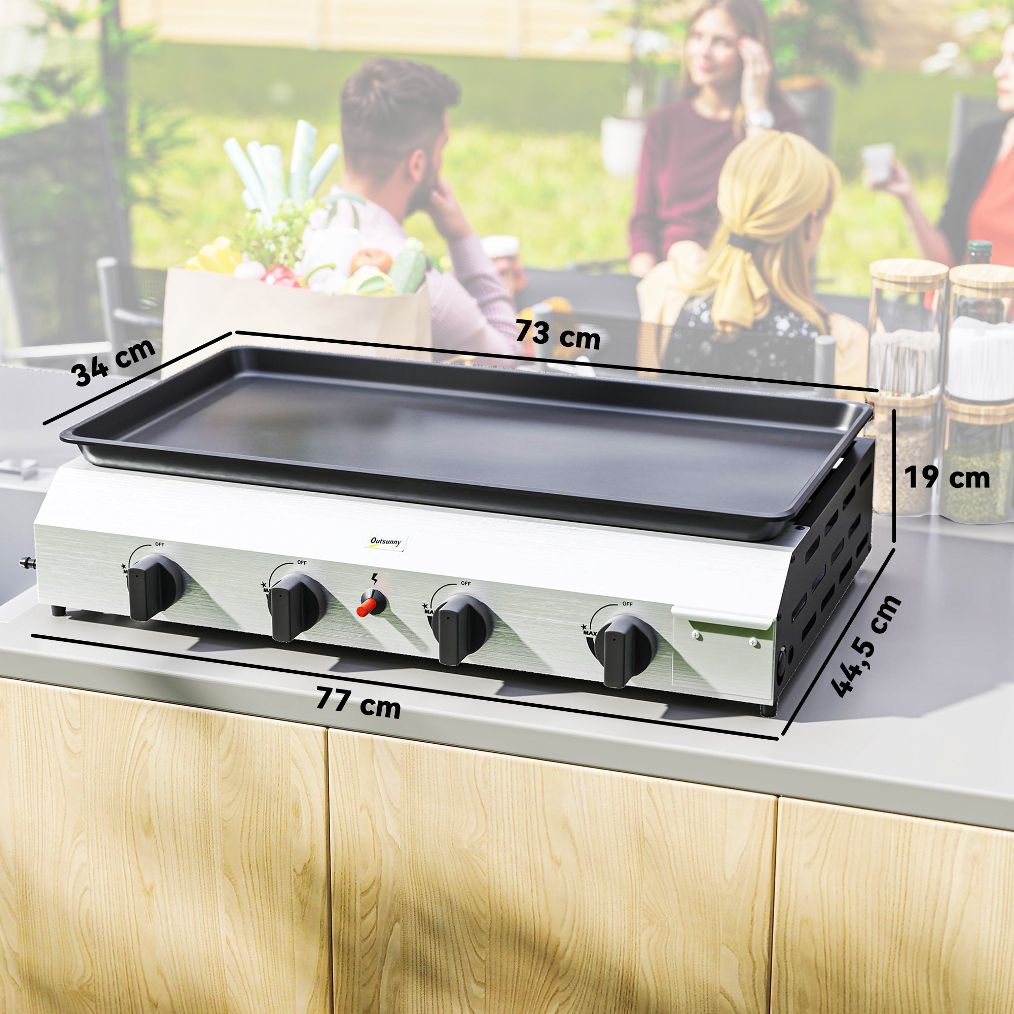 Outsunny Gasbarbecue met 8000BTU/2,4 KW, Grillwagen incl. 4 Roestvrijstalen Branders, Drukregelaar 44 x 44,5 x 19 cm Zilver+Zwart