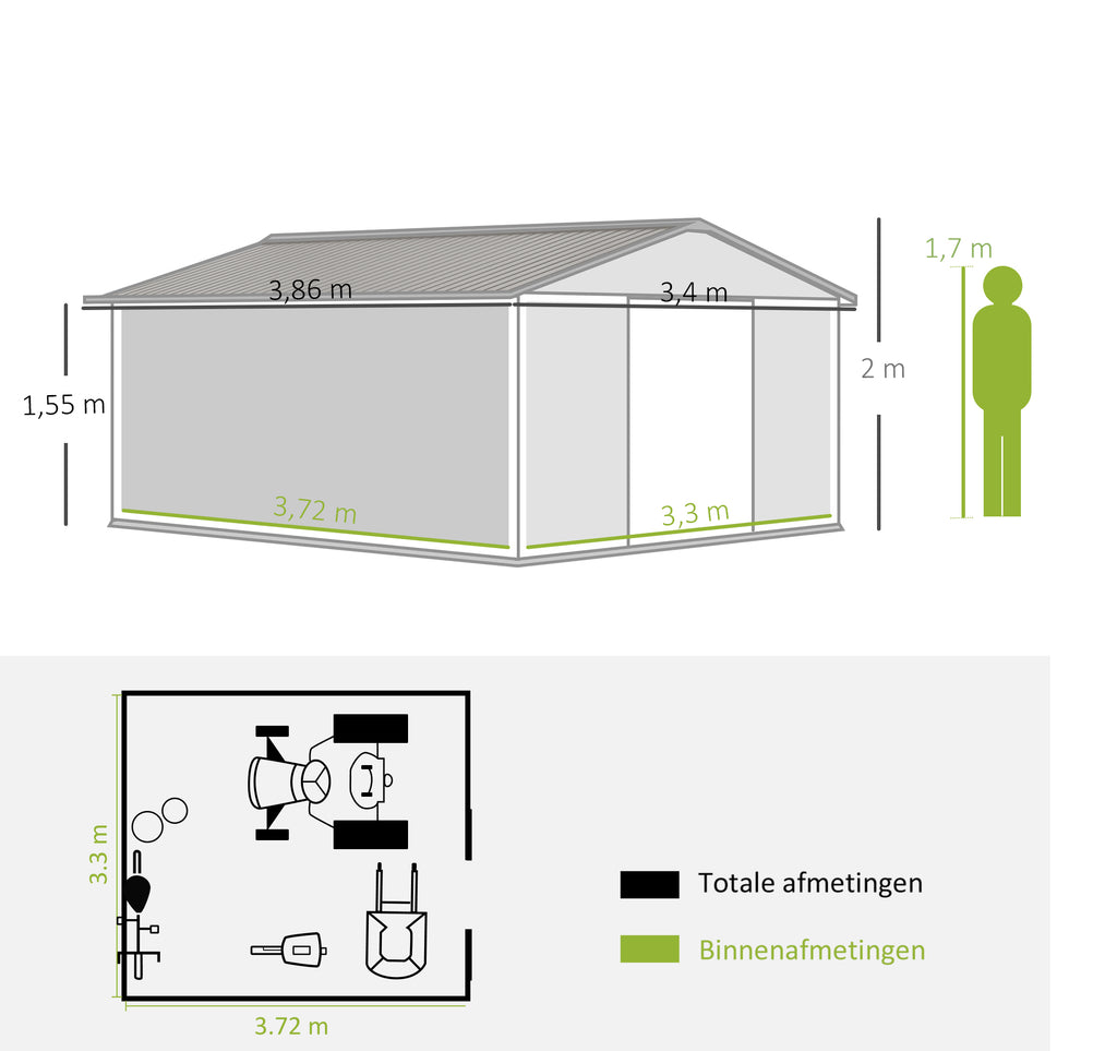 Outsunny Gereedschapsschuur met fundering 24,5 m³ gereedschapsschuur tuinhuisje stalen schuifdeur