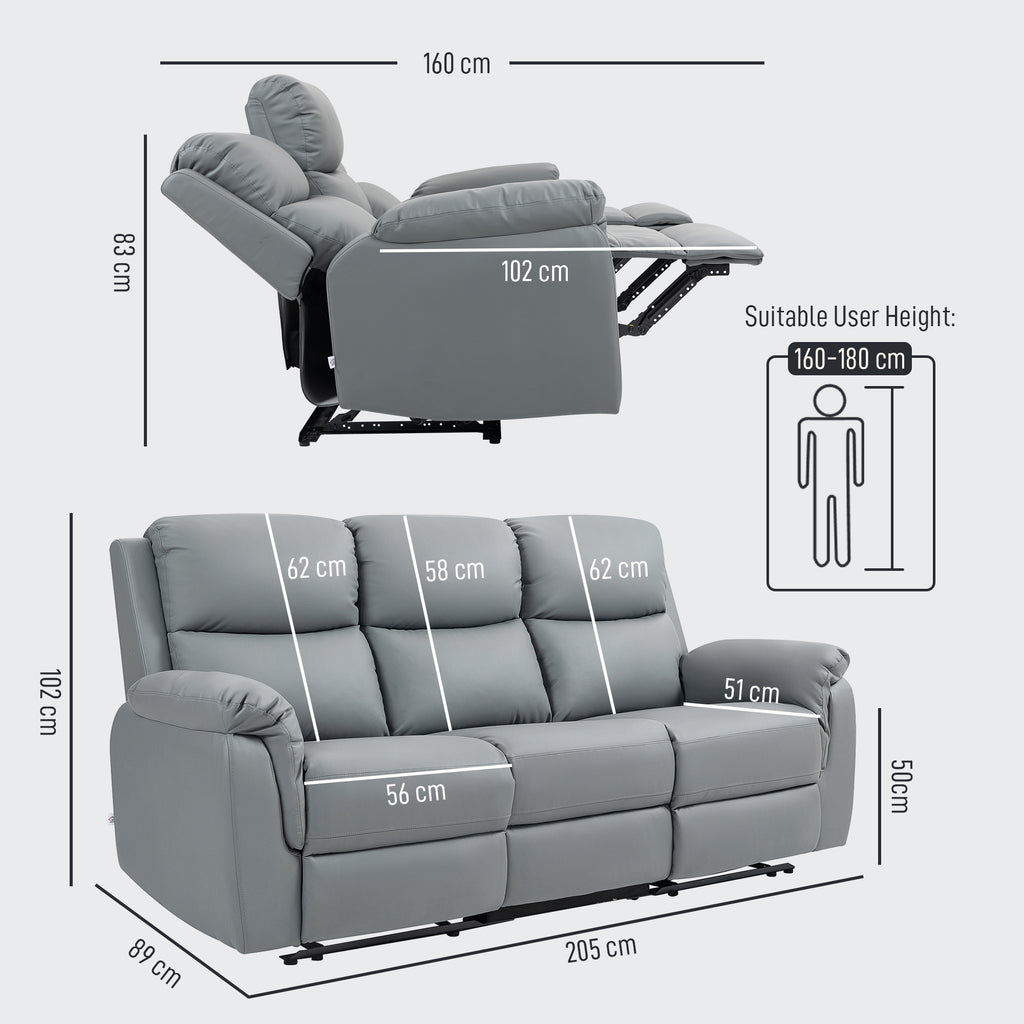 HOMCOM 3-zits Sofa, Links en Rechts Leunend, Aanpasbare Voetsteun, Kunstleder, Voor Woonkamer, Donkergrijs