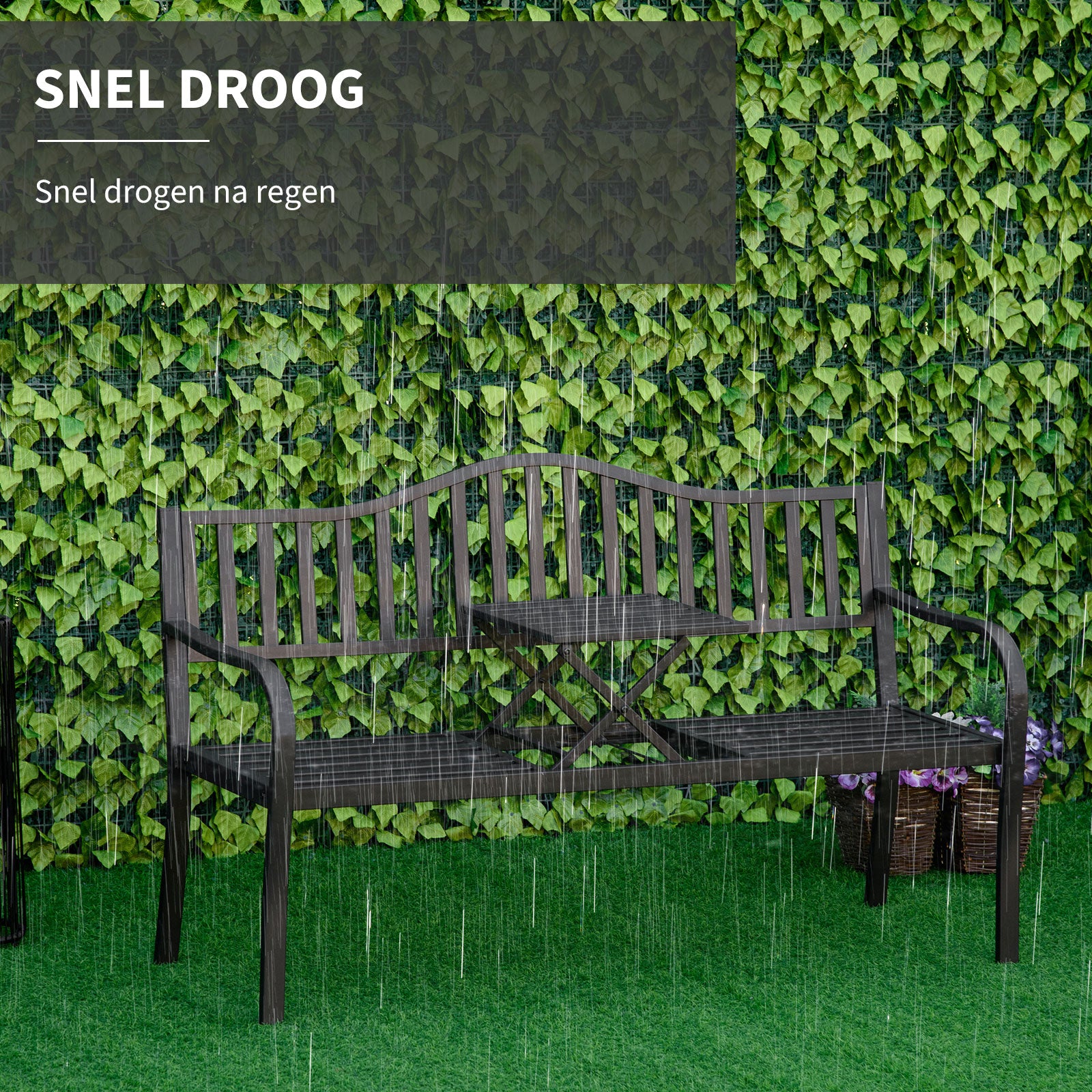 Outsunny Tuinbank met uitschuifbare tafel voor 2-3 personen Metalen parkbank Zitbank Terrasbank met rugleuning en armleuningen Tuinmeubels Zwart 150 x 58.5 x 90 cm