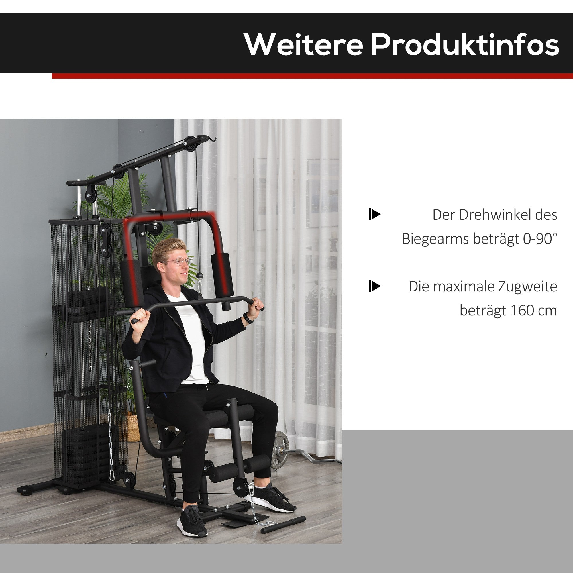 HOMCOM Gym Krachtstation Fitnessstation Multigym Fitnesscentrum Fitnessapparatuur incl. gewichten Latzug Beincurl Metaal PU-kunstleer zwart 150 x 110 x 210 cm