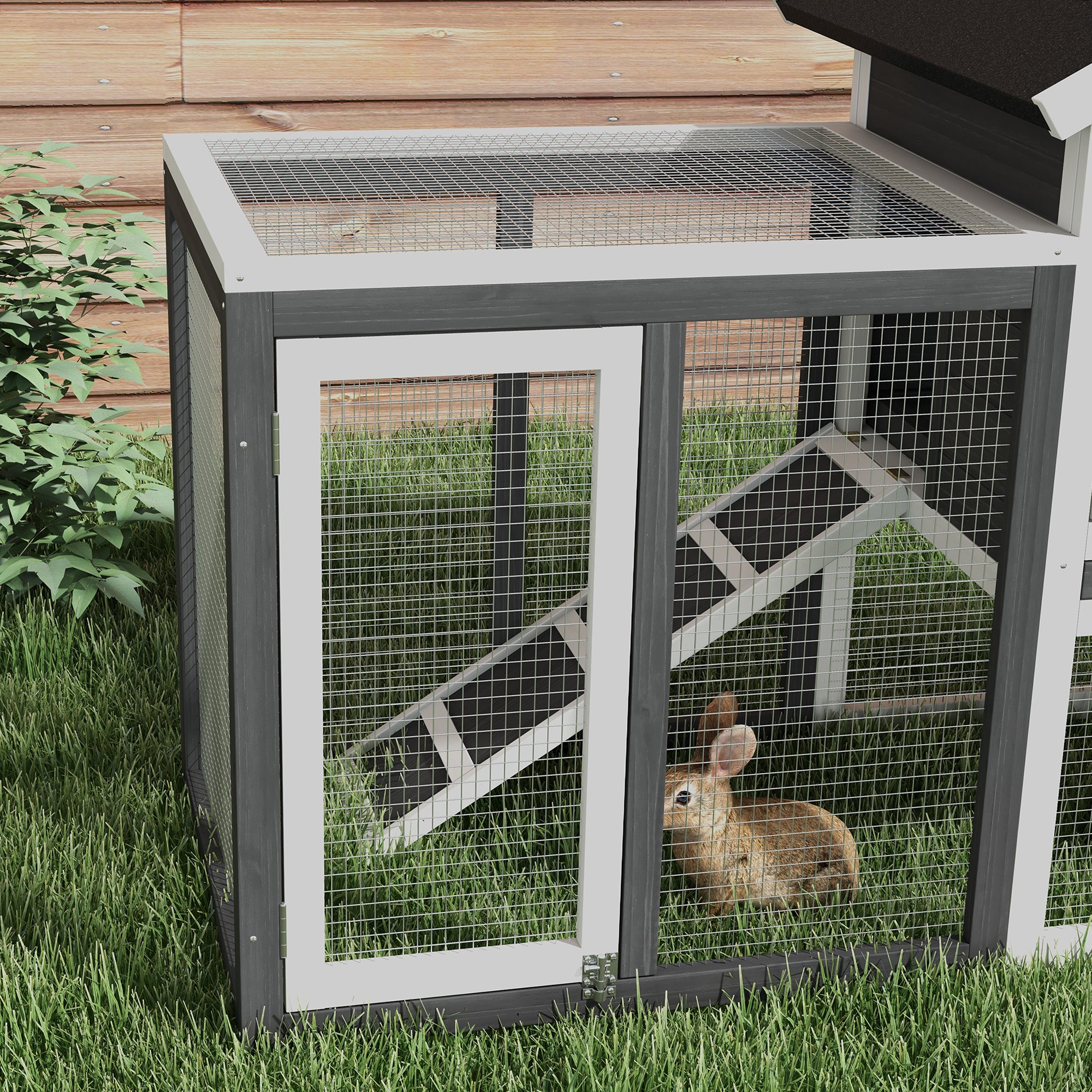 PawHut konijnenhok grijs+zwart+wit 122 x 62,6 x 92 cm
