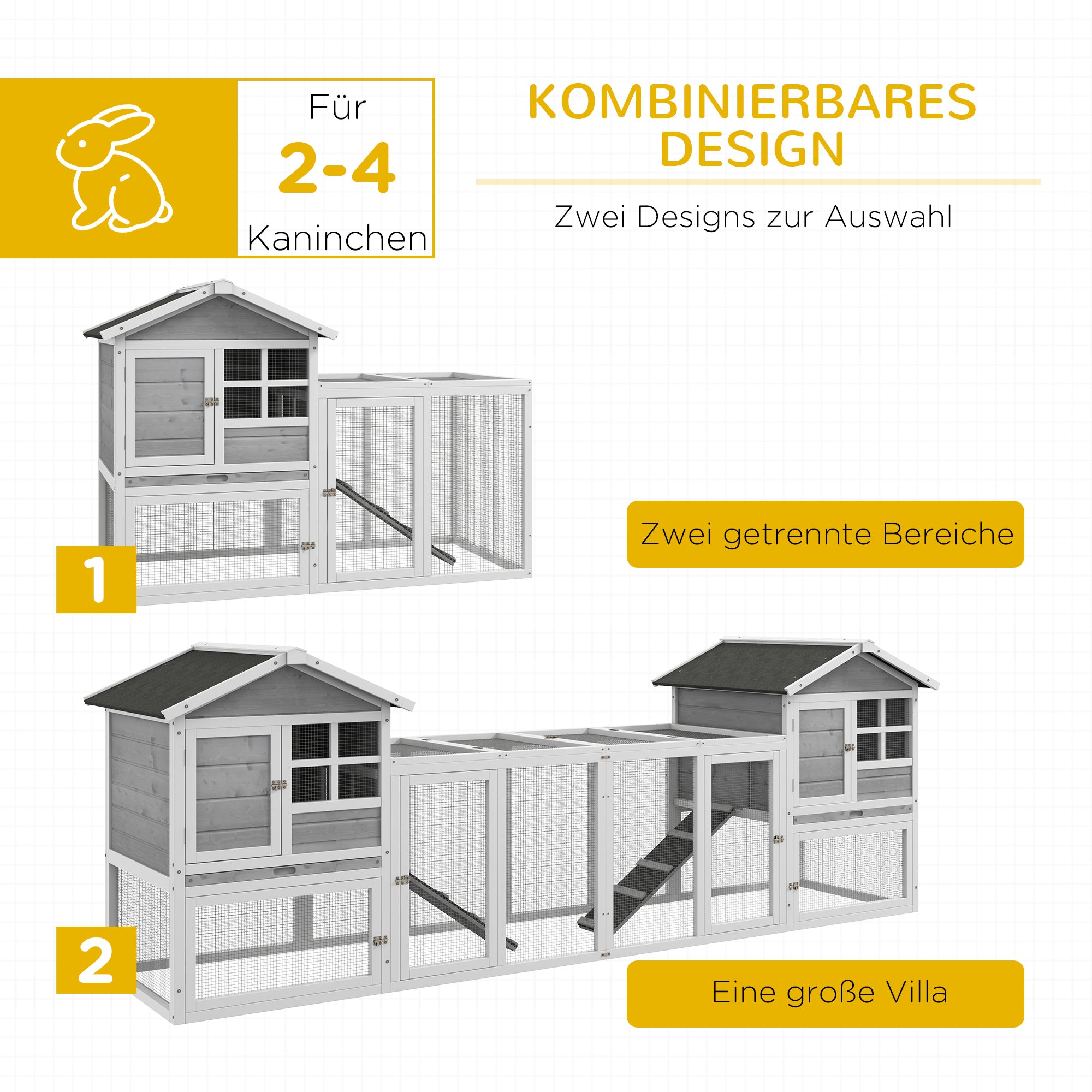 PawHut Kleindierenhok, konijnenhok, buitenren, hok, oprijplank, uitschuifbare bodembakken, wit + grijs