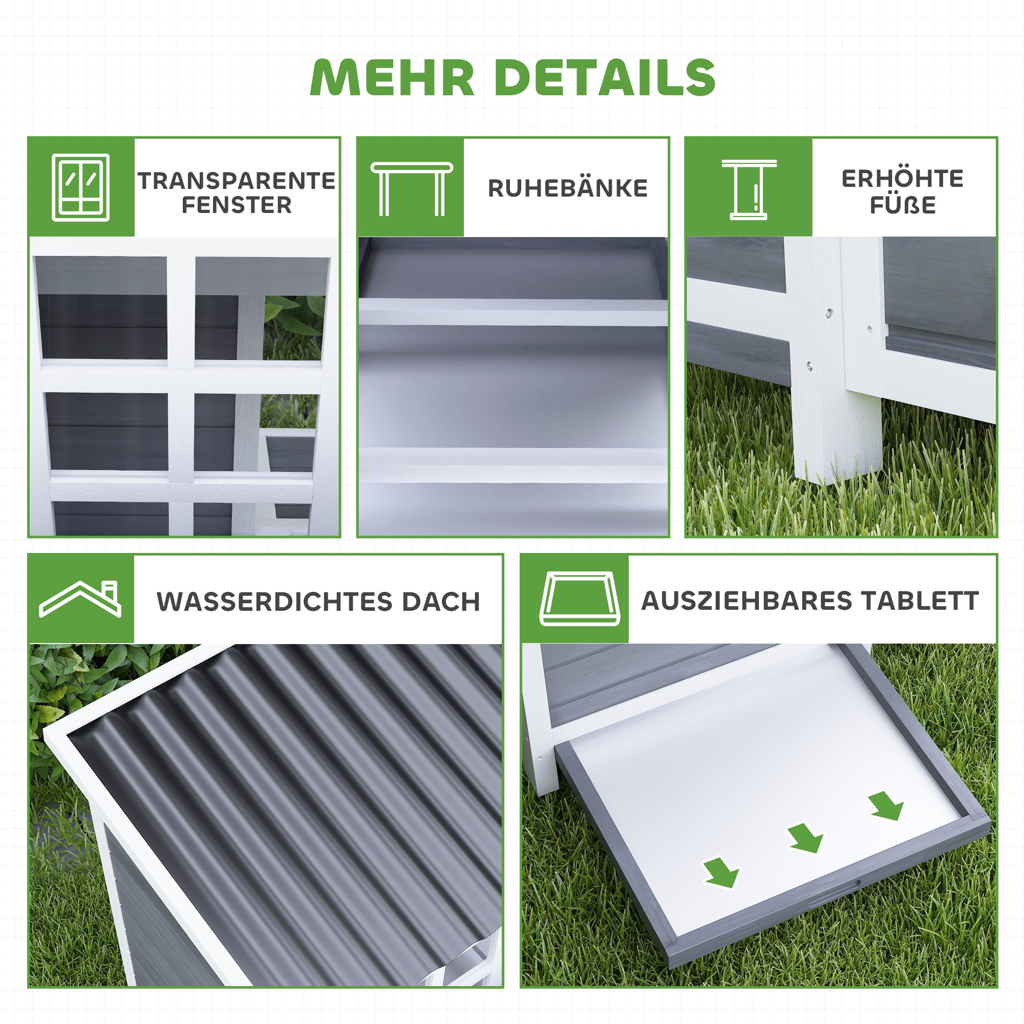 PawHut Kippenren met Legnest voor 4-6 Kippen, Waterdicht Dak, Sparrenhout, Kunststof, 100 x 86 x 100 cm, Lichtgrijs